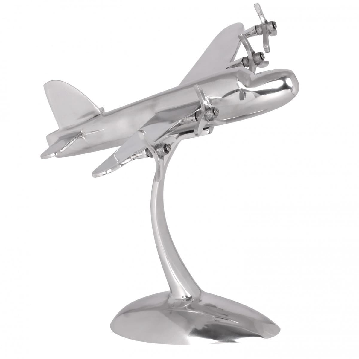 FineBuy Design Deko Propeller Flugzeug 42 x 30 x 30 cm Silbern aus Aluminium, Alu Flieger Geschenk-Idee Tisch-Dekoration mit Standfuß