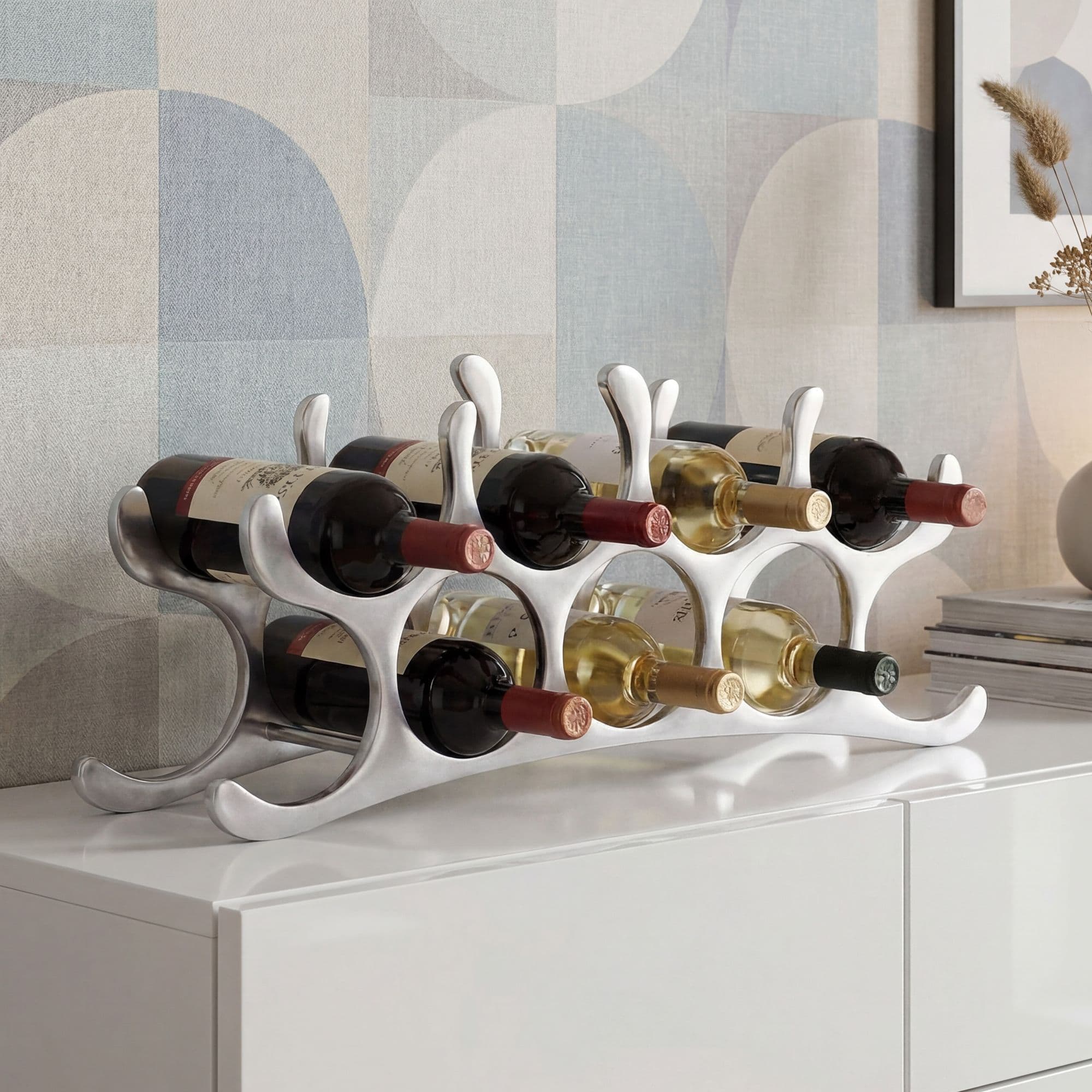 FineBuy Design Aluminium Weinregal 9 Flaschen in Silber 55x20x12 cm, Flaschenregal Wein Zubehör Edel modern, Metall Deko Weinflaschen Halter Schmal Küche Regal, Alu Flaschenständer liegend