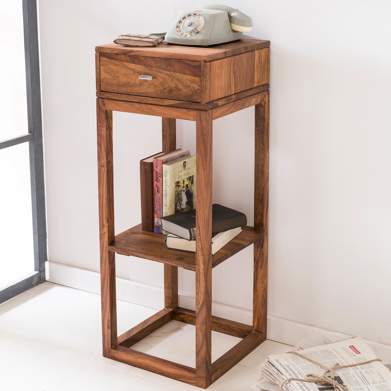 Massiver Beistelltisch PATAN Holz Massiv 90 x 35 x 35 cm, Telefontisch mit Schublade für Flur Anrichte, Moderne Konsole mit Ablage