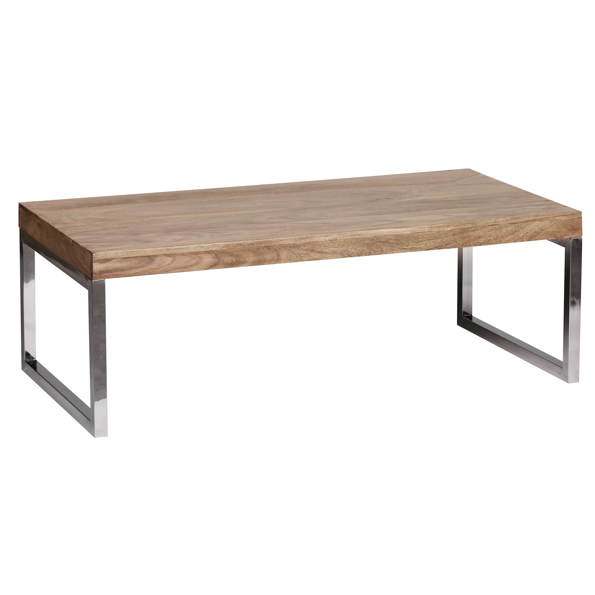 FineBuy Couchtisch Massivholz 120cm · Rechteckiger Wohnzimmertisch mit verchromtem Kufengestell · Handgefertigter Sofatisch im modernen Industrial Design