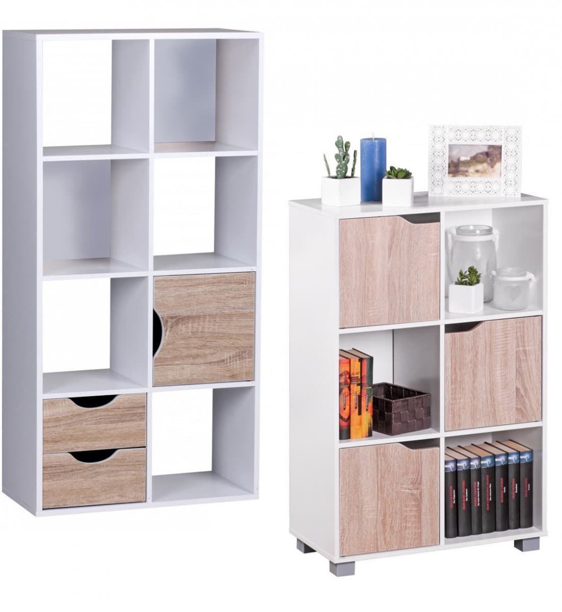 FineBuy Design Bücherregal MASSA Modern Holz Weiß mit Türen Sonoma Eiche Ablagefächer Standregal freistehend Größe wählbar