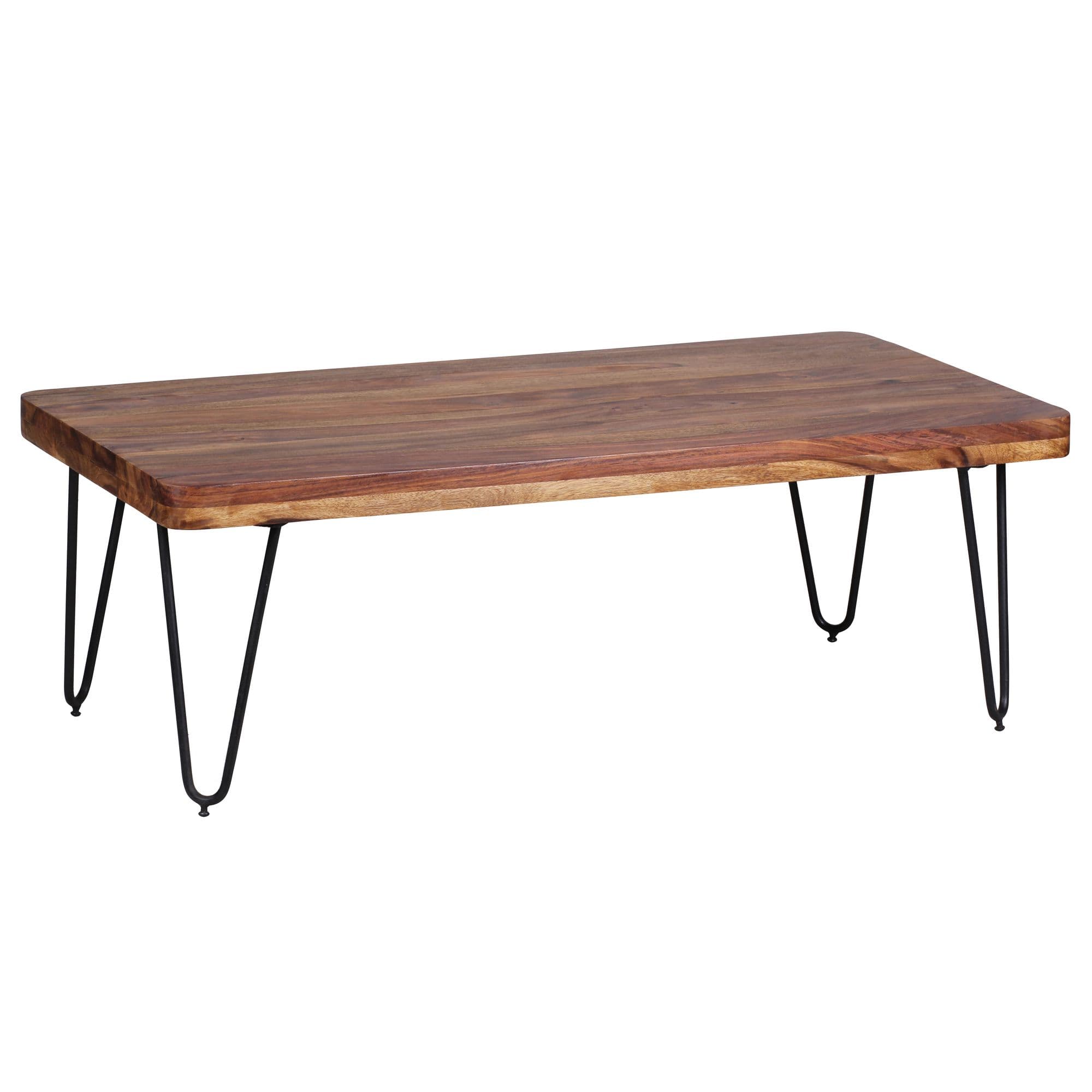 FineBuy Couchtisch Massivholz 115 cm · Rechteckiger Wohnzimmertisch im Industrial Design mit Hairpin Metall Beinen · Handgefertigt