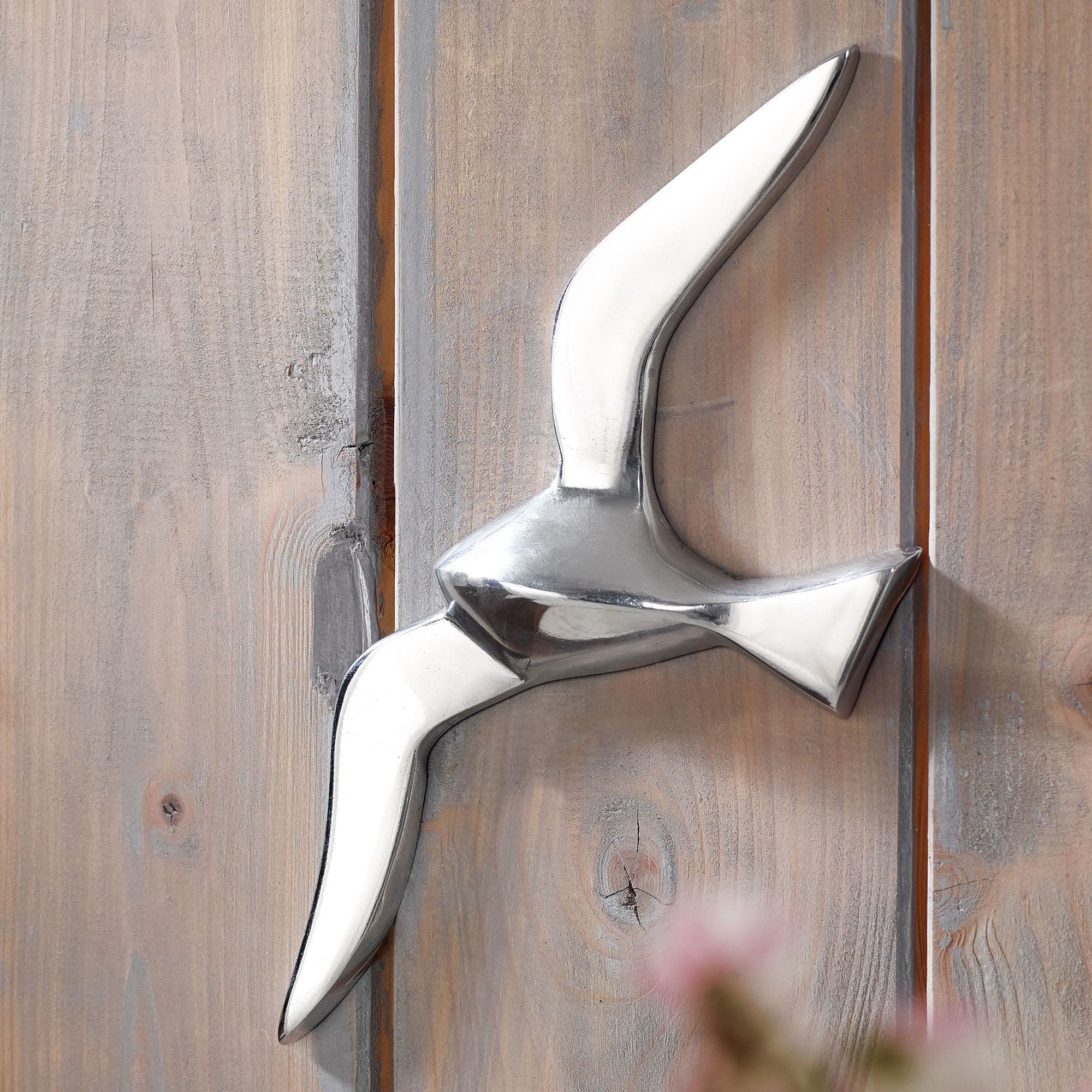 FineBuy Wanddekoration Möwe Aluminium poliert Dekofigur Silber Statue Skulptur groß Alu einzeln modern Maritim Nordsee