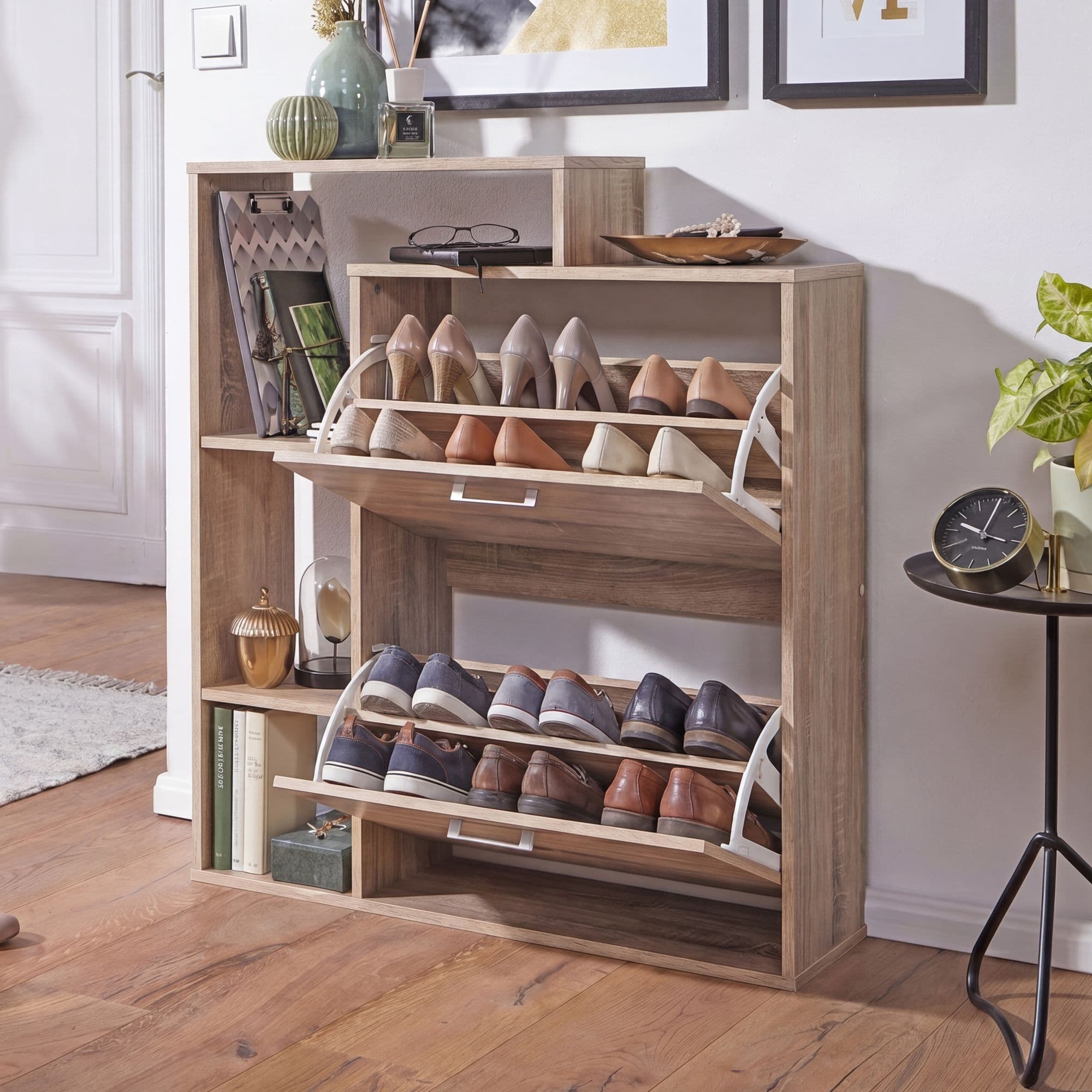 FineBuy Moderner Schuhkipper MASSA Holz 2 Fächer Sonoma Eiche 12 Paar Schuhe, Schuhschrank 85 x 24 x 93 cm, Schuhkommode Flur mit Ablage Regal