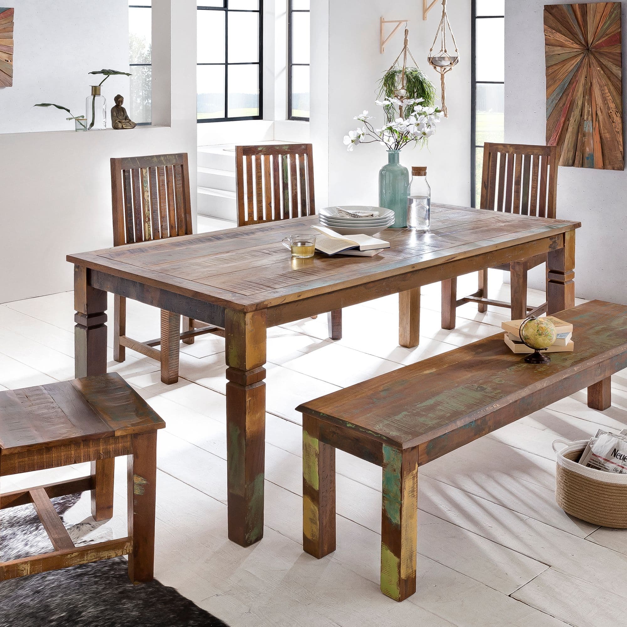 FineBuy Esszimmertisch KALKUTTA 120 x 70 x 76 cm, Massivholz Esstisch für 4-6 Personen, Küchentisch Bootsholz Shabby Chic, Tisch Esszimmer rechteckig