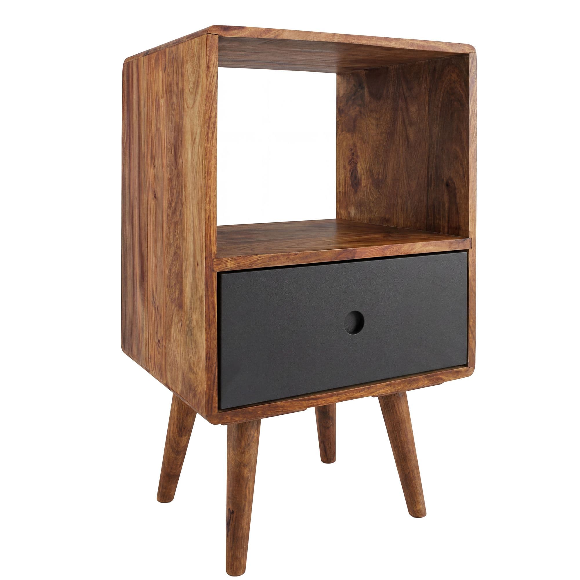 FineBuy Retro Nachtkonsole REPA Sheesham Holz Nachttisch mit Schublade 40 x 35 x 70 cm, Design Nachtkästchen Massiv für Boxspring, Großes Nachtschränkchen dunkelbraun Nako