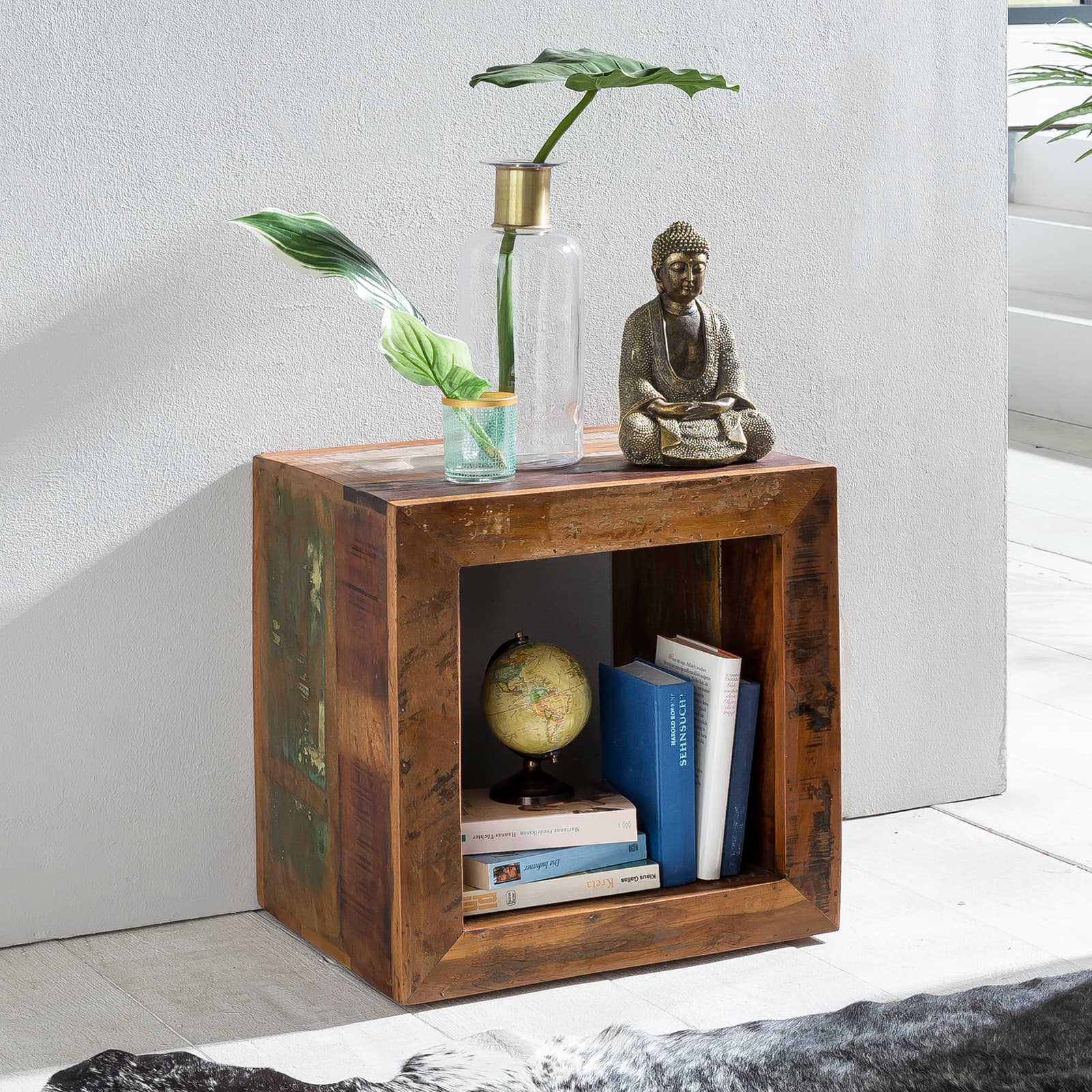 FineBuy Beistelltisch KALKUTTA 45 x 45 x 35 cm, Massivholz Cube Tisch für Wohnzimmer, Wohnzimmertisch mit Ablage, Nachttisch - Nachtkonsole - Nachtkästchen