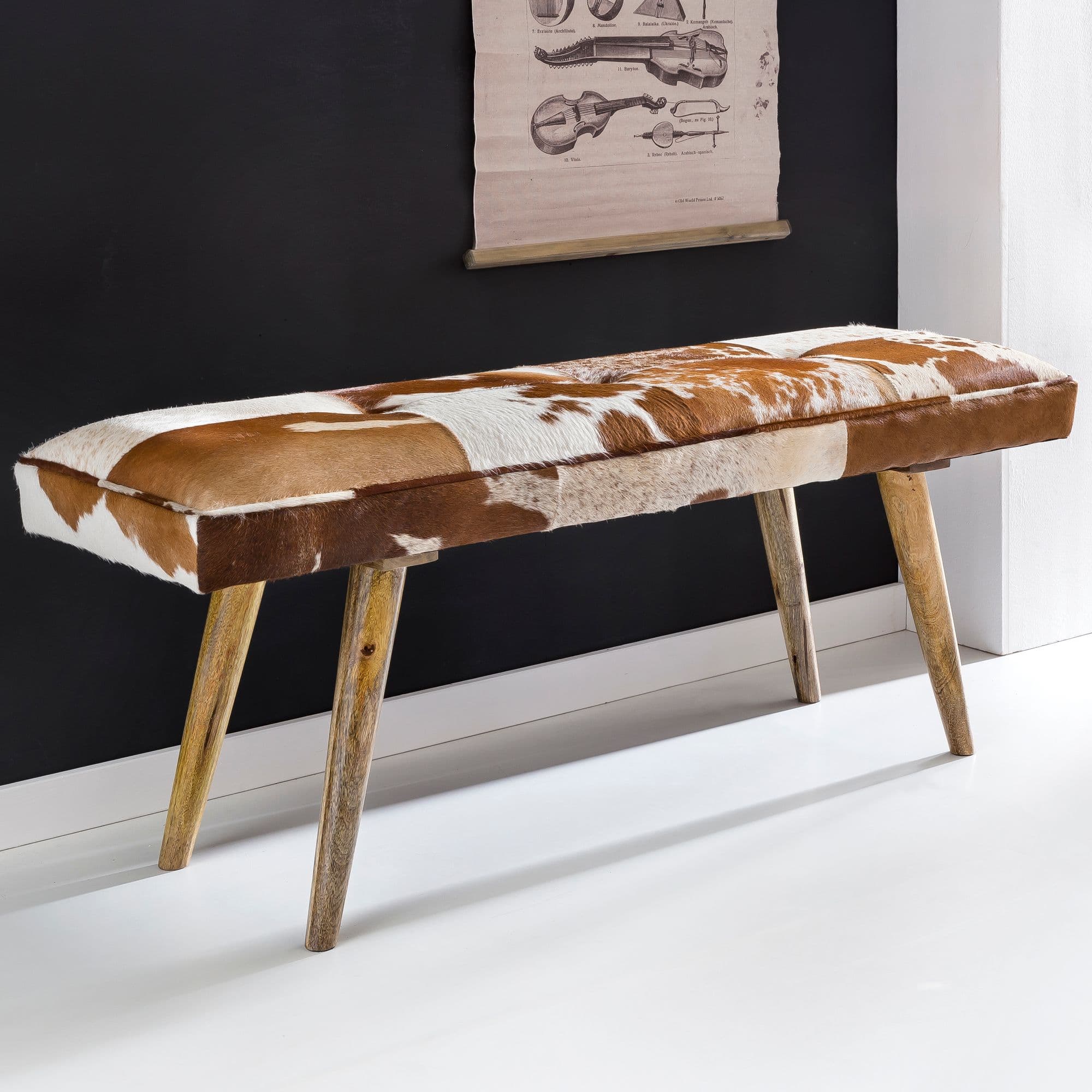 FineBuy gepolsterte Sitzbank 120 cm Ziegenfell - Retro Polsterbank für Garderobe, Schlafzimmer & Wohnzimmer - Garderobenbank Eingangsbereich
