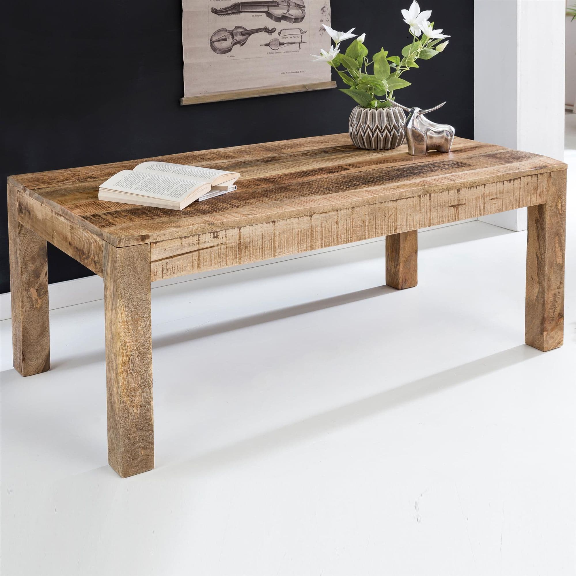 FineBuy Couchtisch Mango Massivholz 110cm · rechteckiger Wohnzimmertisch im Landhausstil · heller Massivholztisch mit markanter Holzmaserung & stabilem Design