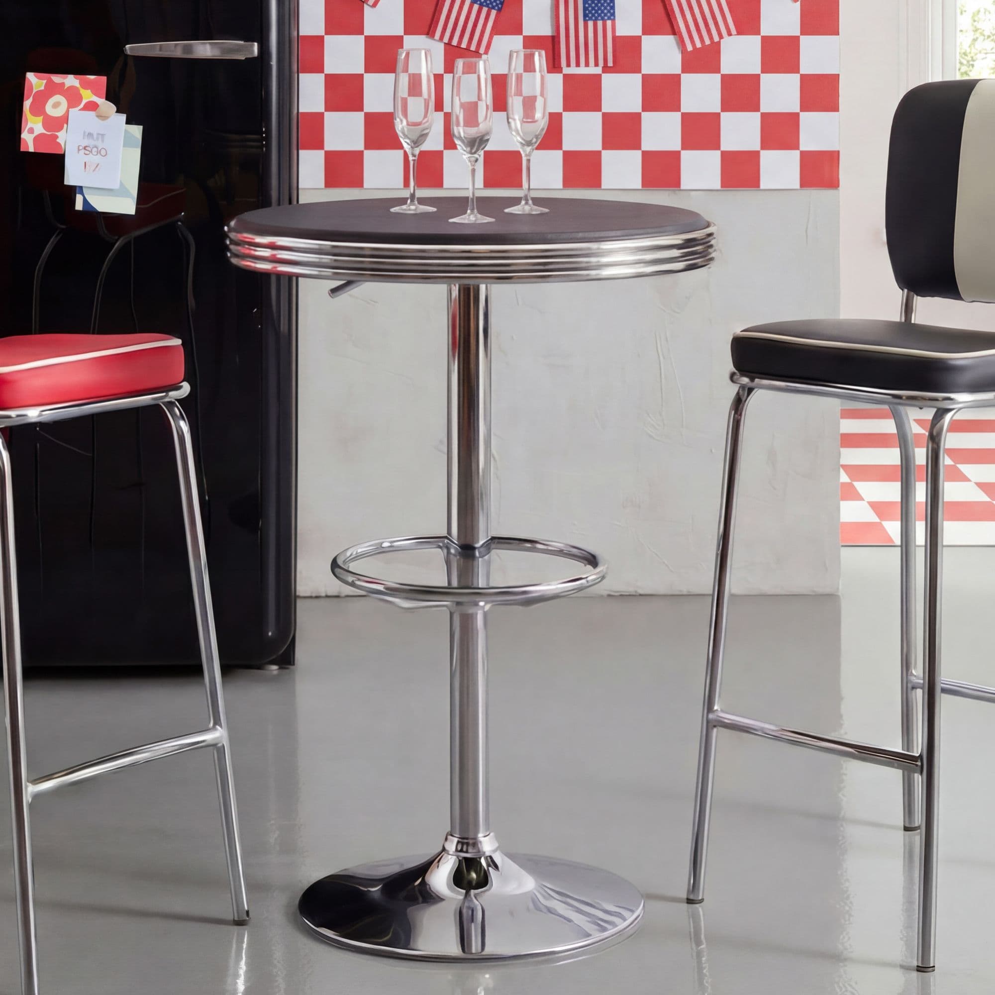 FineBuy American Diner Bartisch rund Ø 60 cm Aluminium Kunstlederbezug, Retro Stehtisch USA Schwarz/Silber, Robuster Bistrotisch 50er Jahre, Partytisch mit Untergestell aus verchromtem Alu
