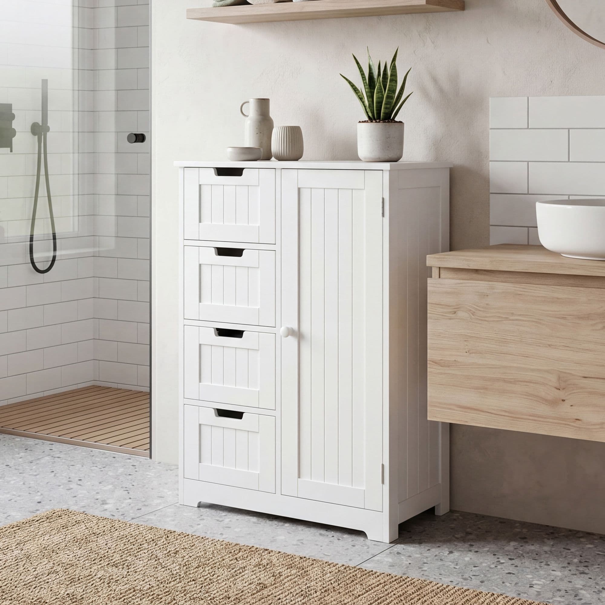 FineBuy Design Badschrank Landhaus-Stil MDF-Holz 56 x 83 x 30 cm weiß, Badezimmerschrank klein 4 Schubladen & 1 Tür, Beistellschrank Mehrzweckschrank