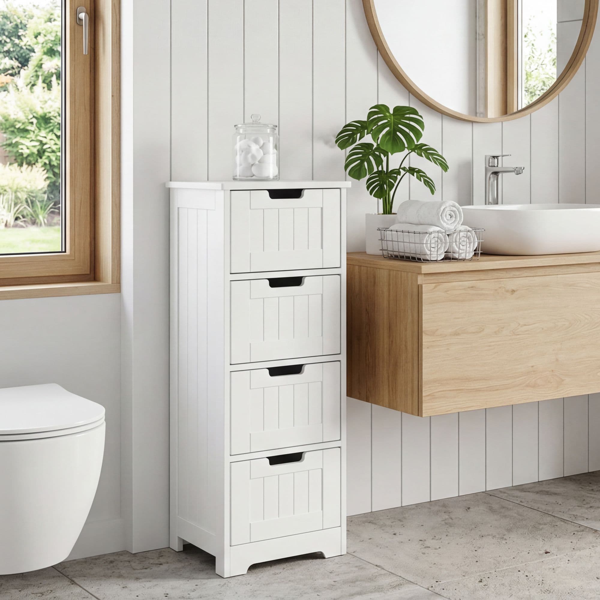FineBuy Design Badschrank Landhaus-Stil MDF-Holz 30 x 83 x 30 cm weiß, Badezimmerschrank klein 4 Schubladen, Beistellschrank Mehrzweckschrank