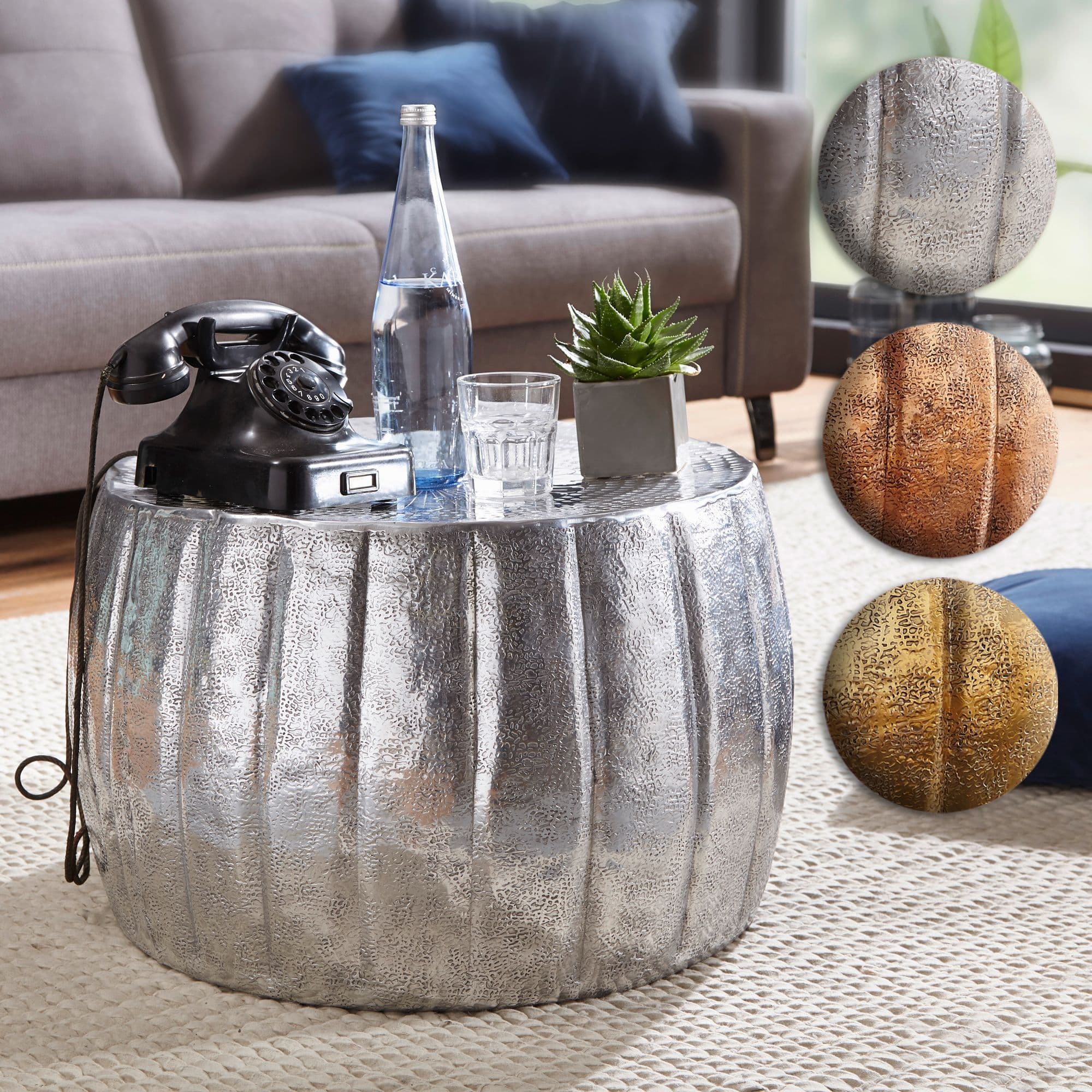 FineBuy Design Couchtisch rund 60 cm aus Metall - Handgefertigter Aluminium Wohnzimmertisch Hammerschlag - Orientalischer flacher Alu Sofatisch