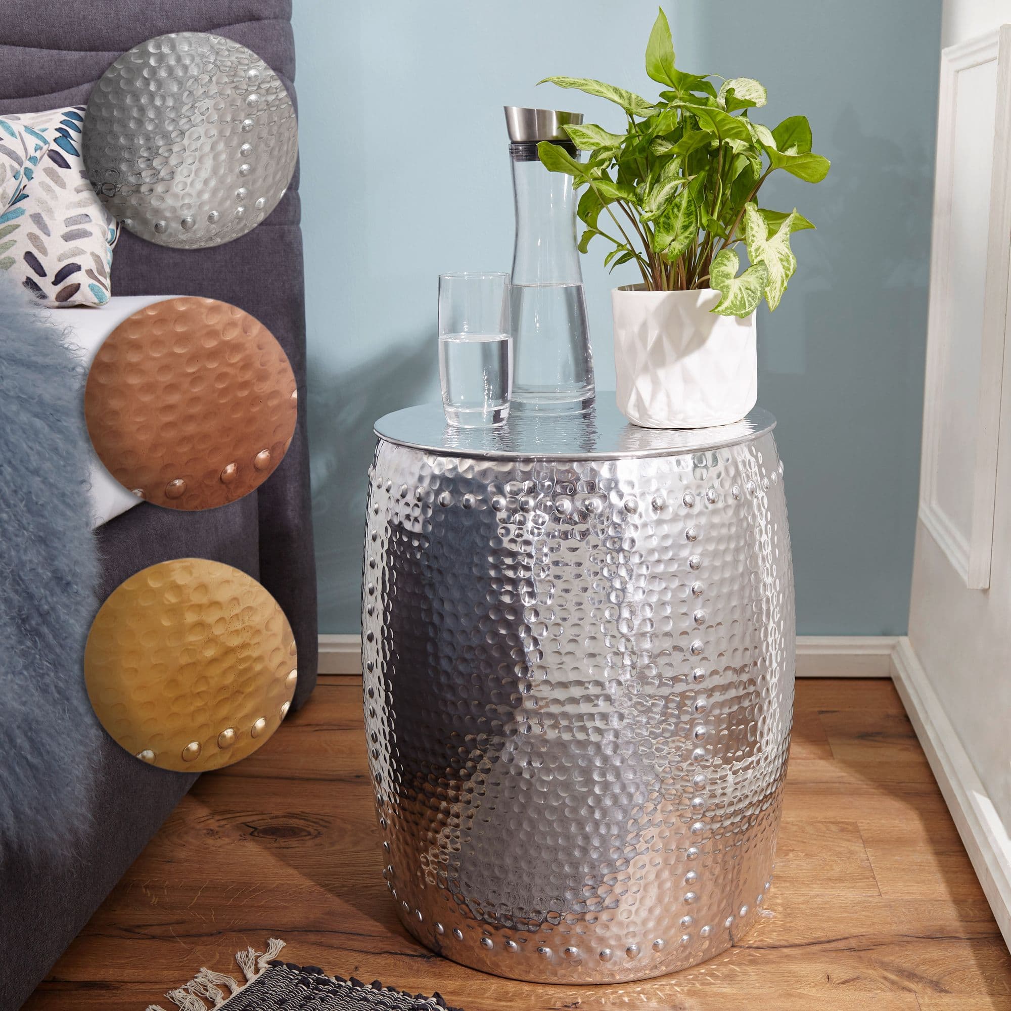 FineBuy Beistelltisch rund 42 cm Metall - Orientalischer Design Wohnzimmertisch Aluminium - Hammerschlag Alu kleiner Couchtisch - Dekotisch