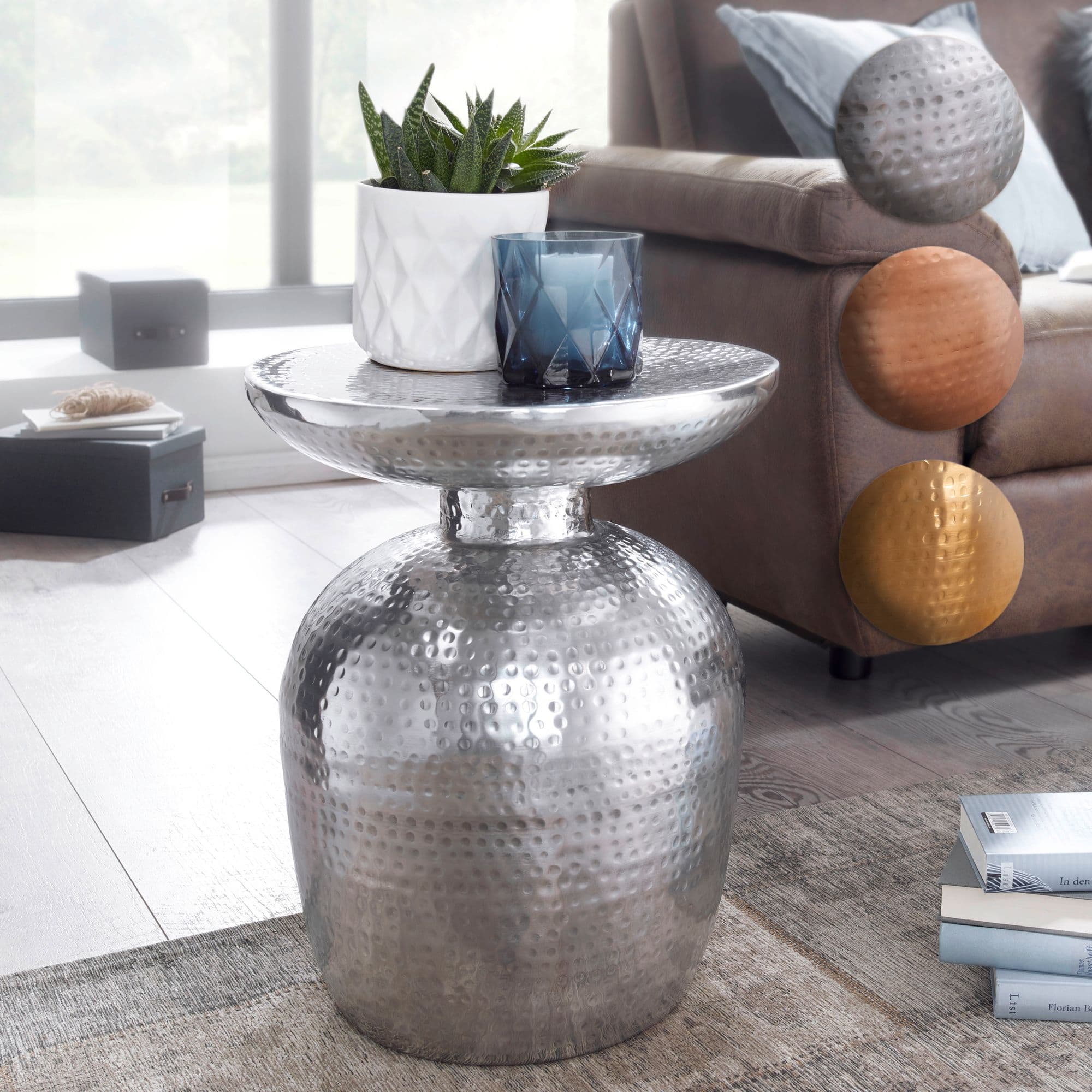 FineBuy Beistelltisch rund 37 cm Metall - Orientalischer Design Wohnzimmertisch Aluminium - Hammerschlag Alu kleiner Couchtisch - Dekotisch