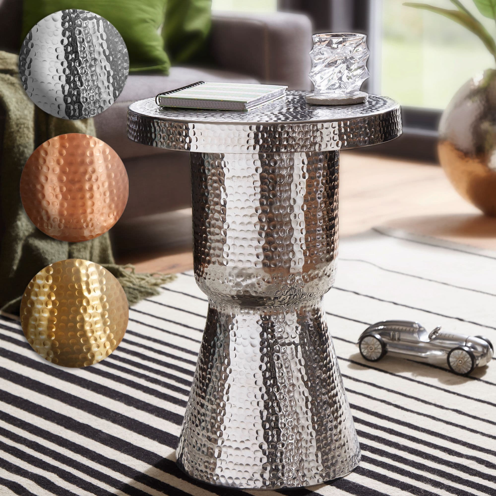FineBuy Beistelltisch rund 43 cm Metall - Orientalischer Design Wohnzimmertisch Aluminium - Hammerschlag Alu kleiner Couchtisch - Dekotisch