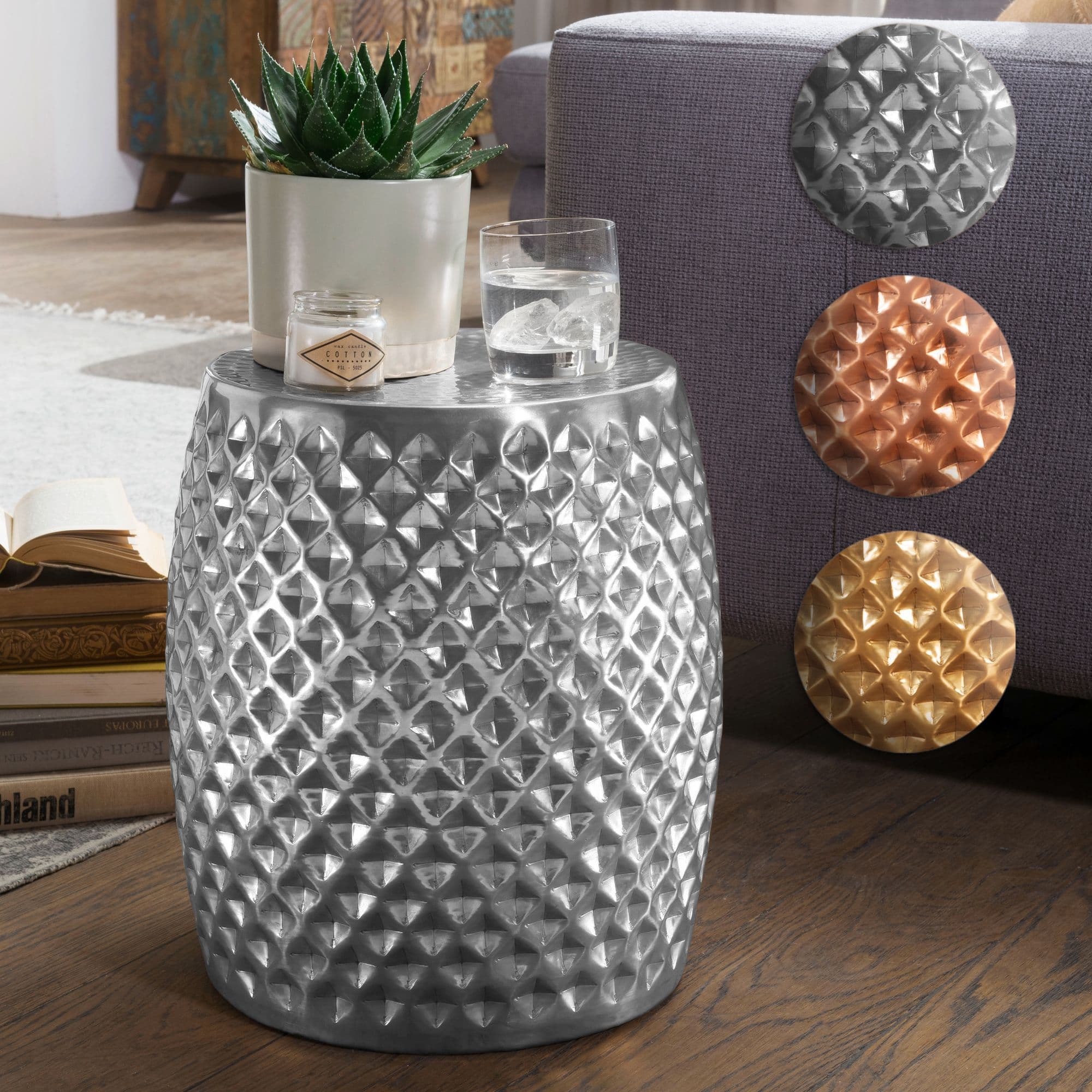 FineBuy Design Beistelltisch rund 32 cm Metall - Orientalischer Wohnzimmertisch Hammerschlag Aluminium - Kleiner Couchtisch - Moderner Dekotisch Alu