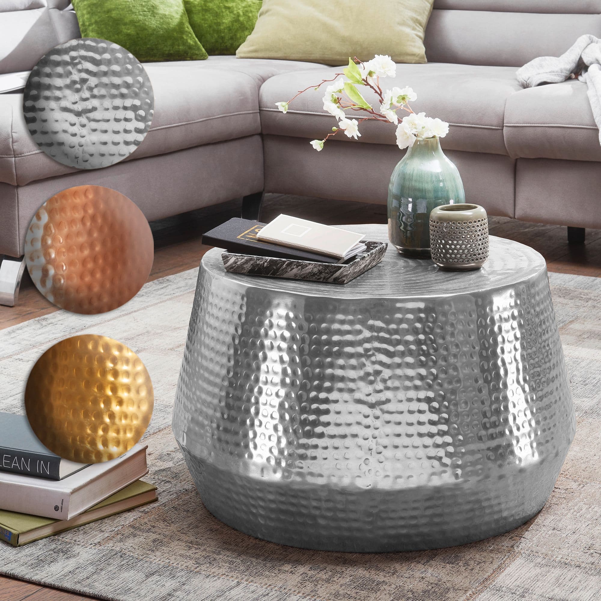 FineBuy Design Couchtisch rund 60 cm aus Metall - Handgefertigter Aluminium Wohnzimmertisch Hammerschlag - Orientalischer Alu Beistelltisch