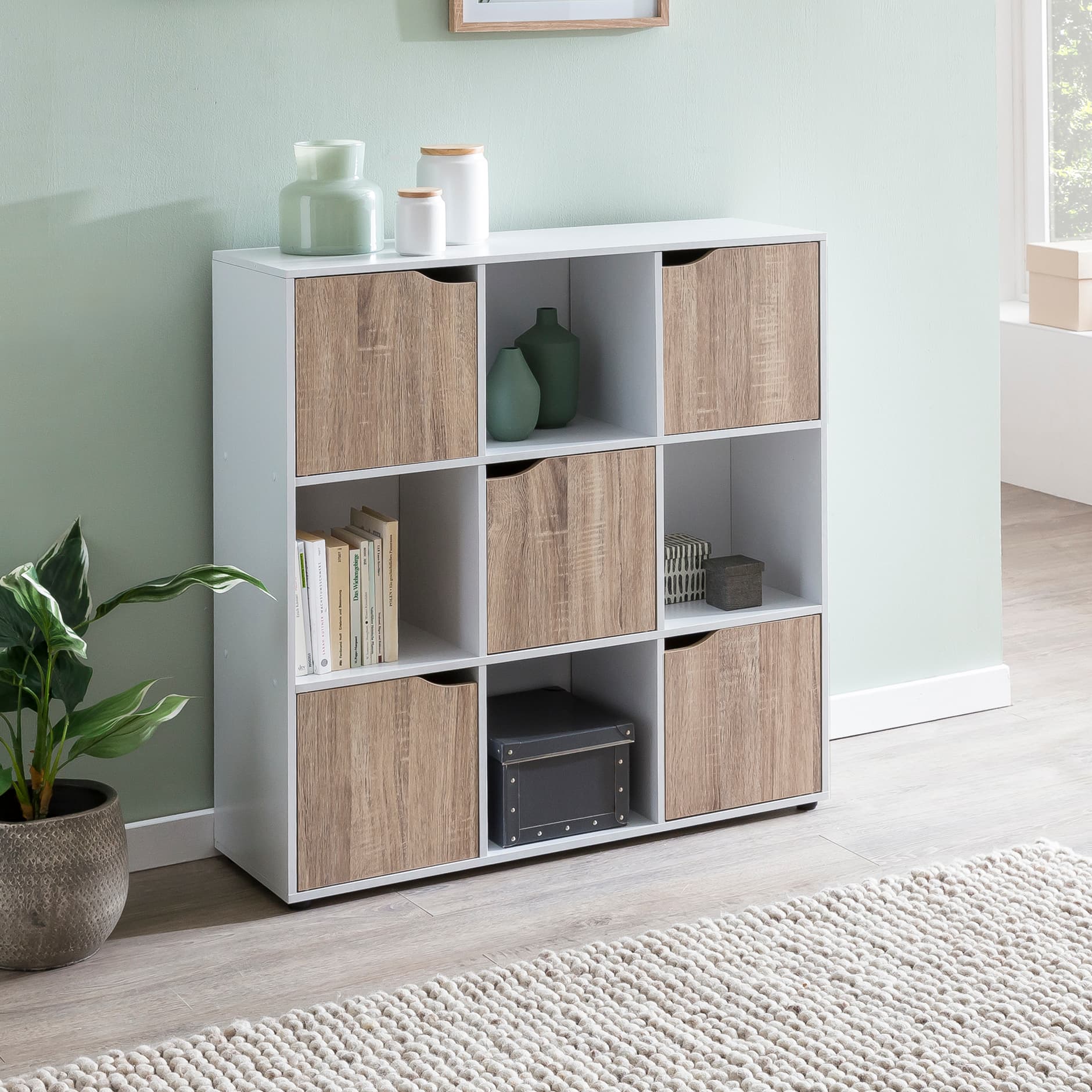 FineBuy Standregal MASSA 89 x 91 x 29 cm Bücherregal mit 9 Fächern Sonoma, Sideboard mit 5 Türen, Modernes Würfelregal Raumteiler, Flurschrank offen, Cuberegal Kommode Wohnregal