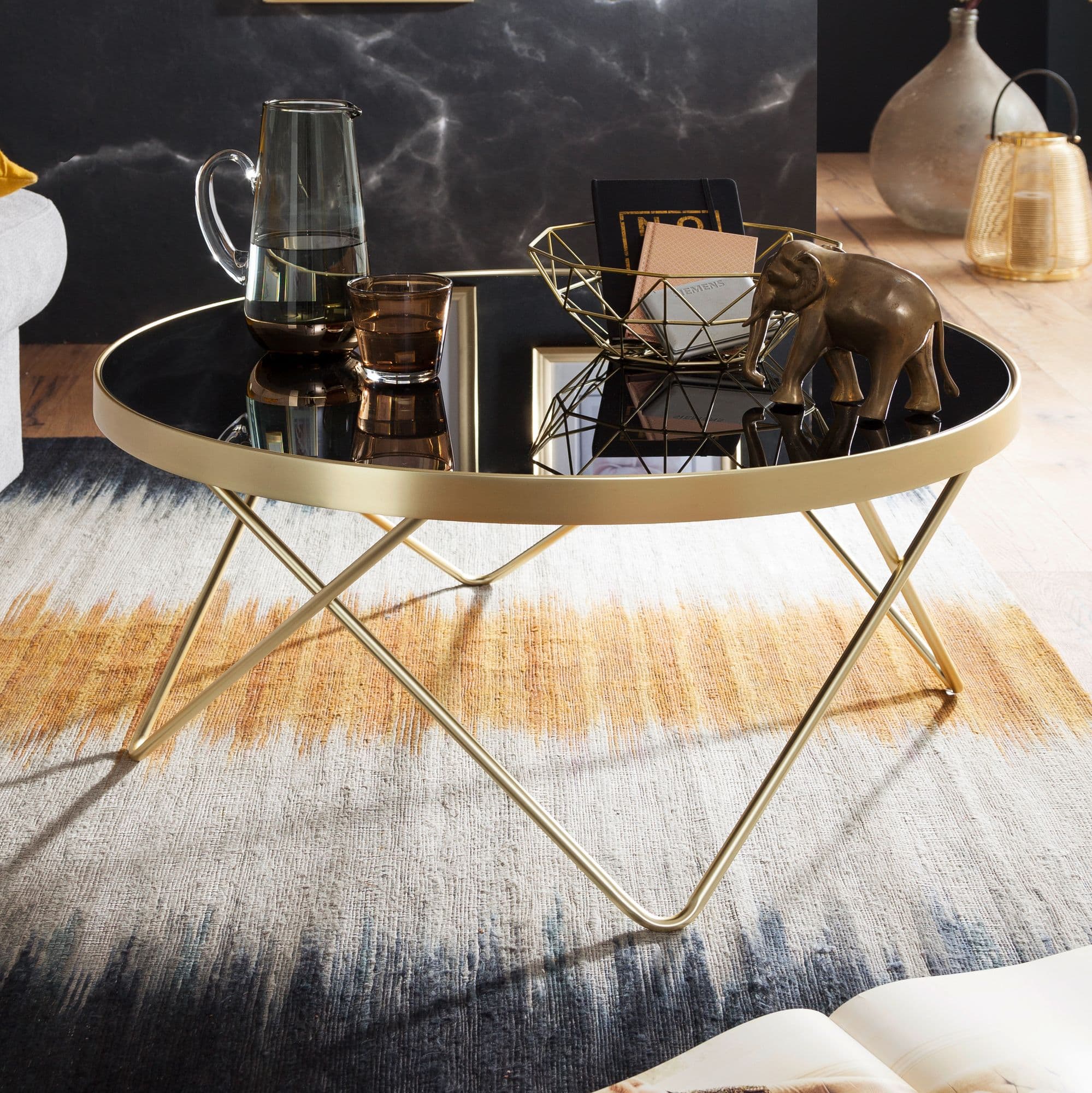 FineBuy Design Couchtisch Ø 82 cm Schwarz Gold Beistelltisch Metall / Glas, Tisch mit Glasplatte, Ablagetisch modern, Großer Wohnzimmertisch, Glastisch mit Metallgestell