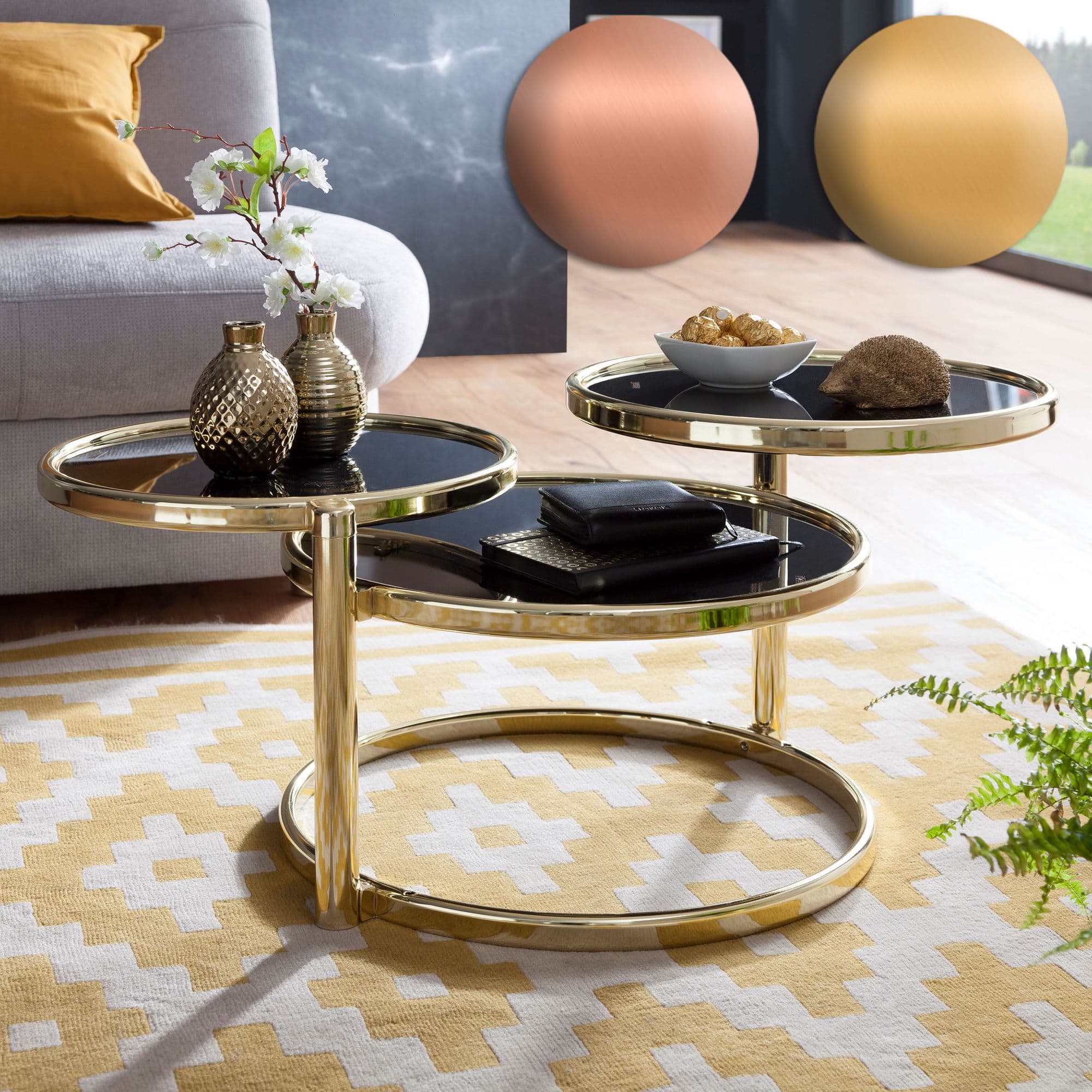 FineBuy Couchtisch mit 3 Tischplatten 58 x 43 x 58 cm, Beistelltisch rund, Design Wohnzimmertisch Glas / Metall, Designer Glastisch Sofatisch modern, Kleiner Loungetisch