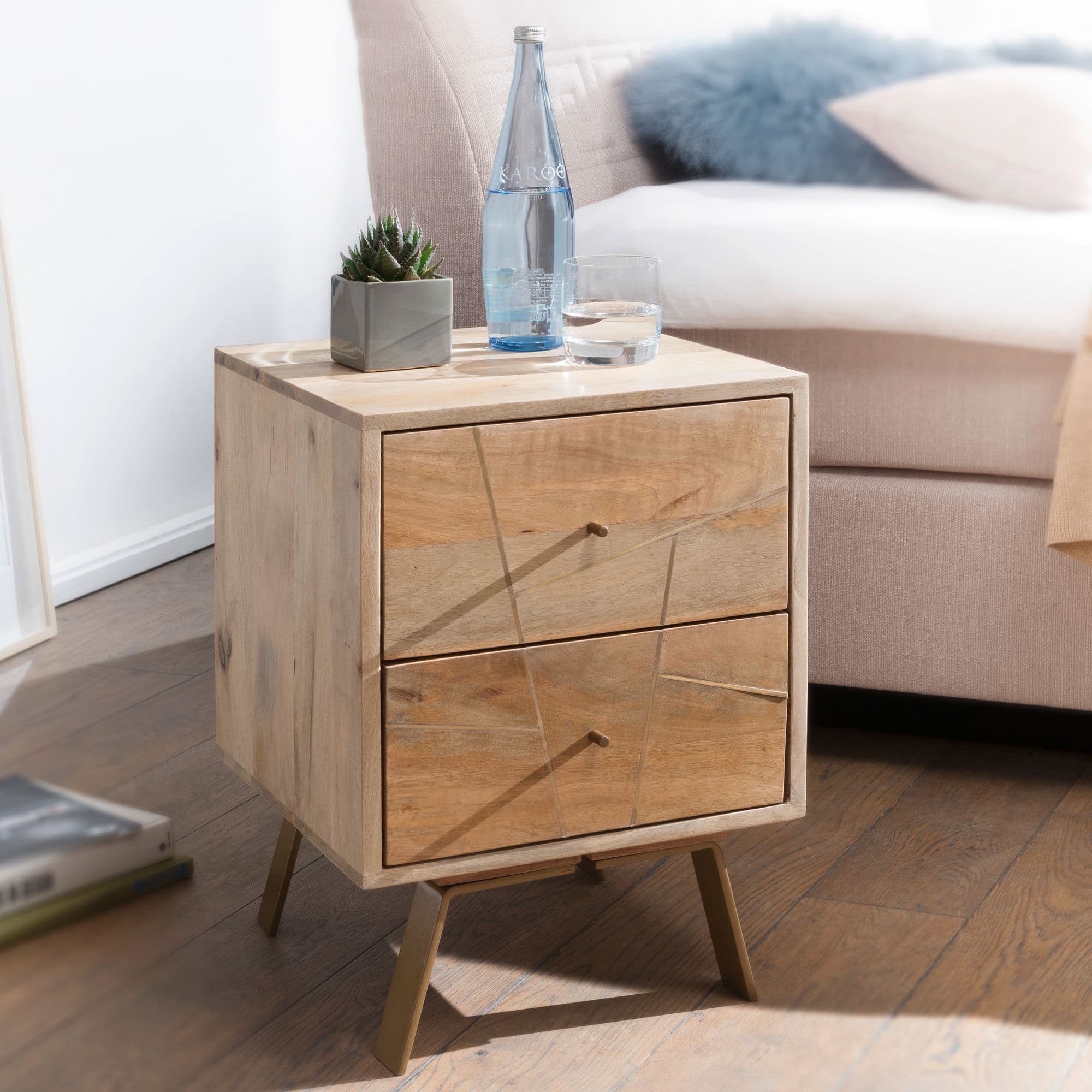 FineBuy Nachtkonsole aus Mango Massivholz mit 2 Schubladen – moderner Nachttisch für Boxspringbetten im Natur Design, Nachtkästchen handgefertigt 40x56x40 cm