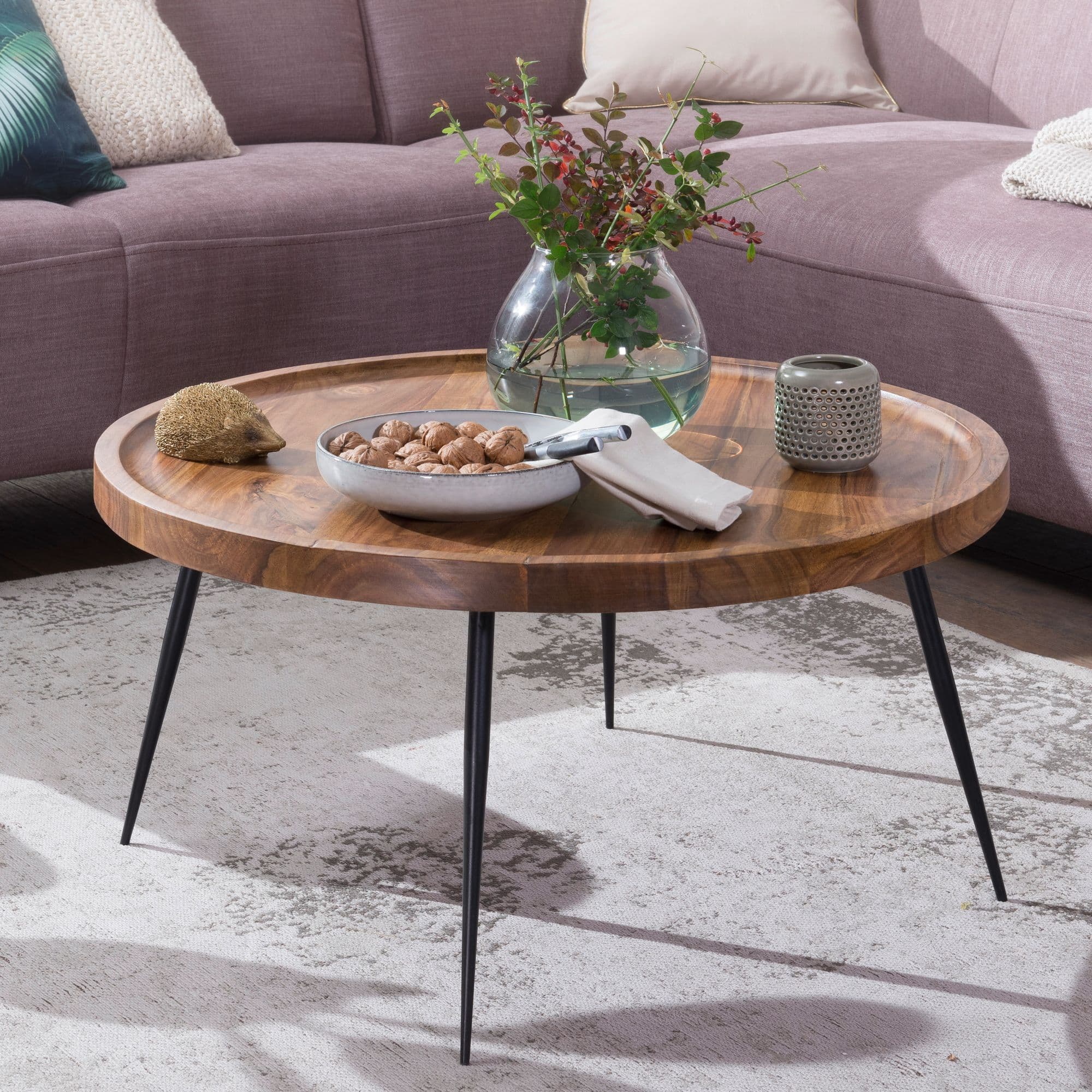 FineBuy Couchtisch Sheesham Massivholz rund Ø 75 cm – Wohnzimmertisch mit Metallbeinen | Design Holztisch handgefertigt im modernen Retro Stil