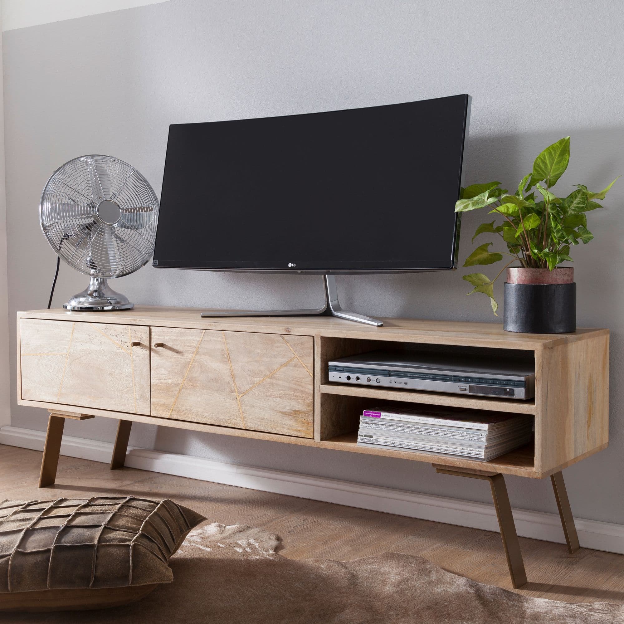 FineBuy HiFi Lowboard SIKAR Mango Massivholz TV Kommode 145x47x35 cm, Fernsehschrank mit 2 Türen, Fernsehtisch Ablagefach, Fernsehkommode TV Möbel, TV-Board