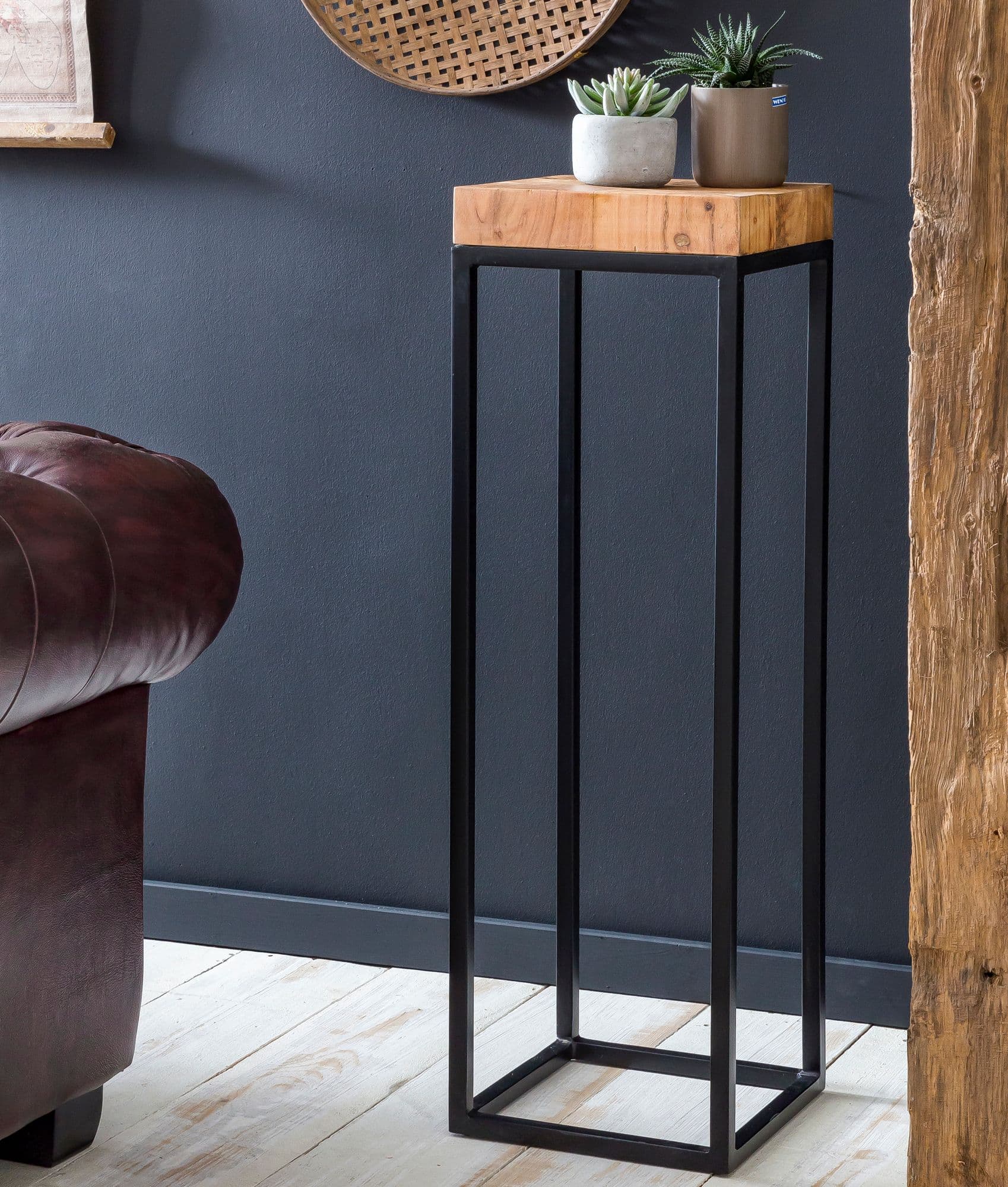 FineBuy Beistelltisch FB51448 Akazie Metall Anstelltisch 30 x 97 x 30 cm hoch, Industrial Style Tischchen Wohnzimmer, Holztisch mit Metallbeinen, Abstelltisch Blumentisch Naturholz Dekotisch