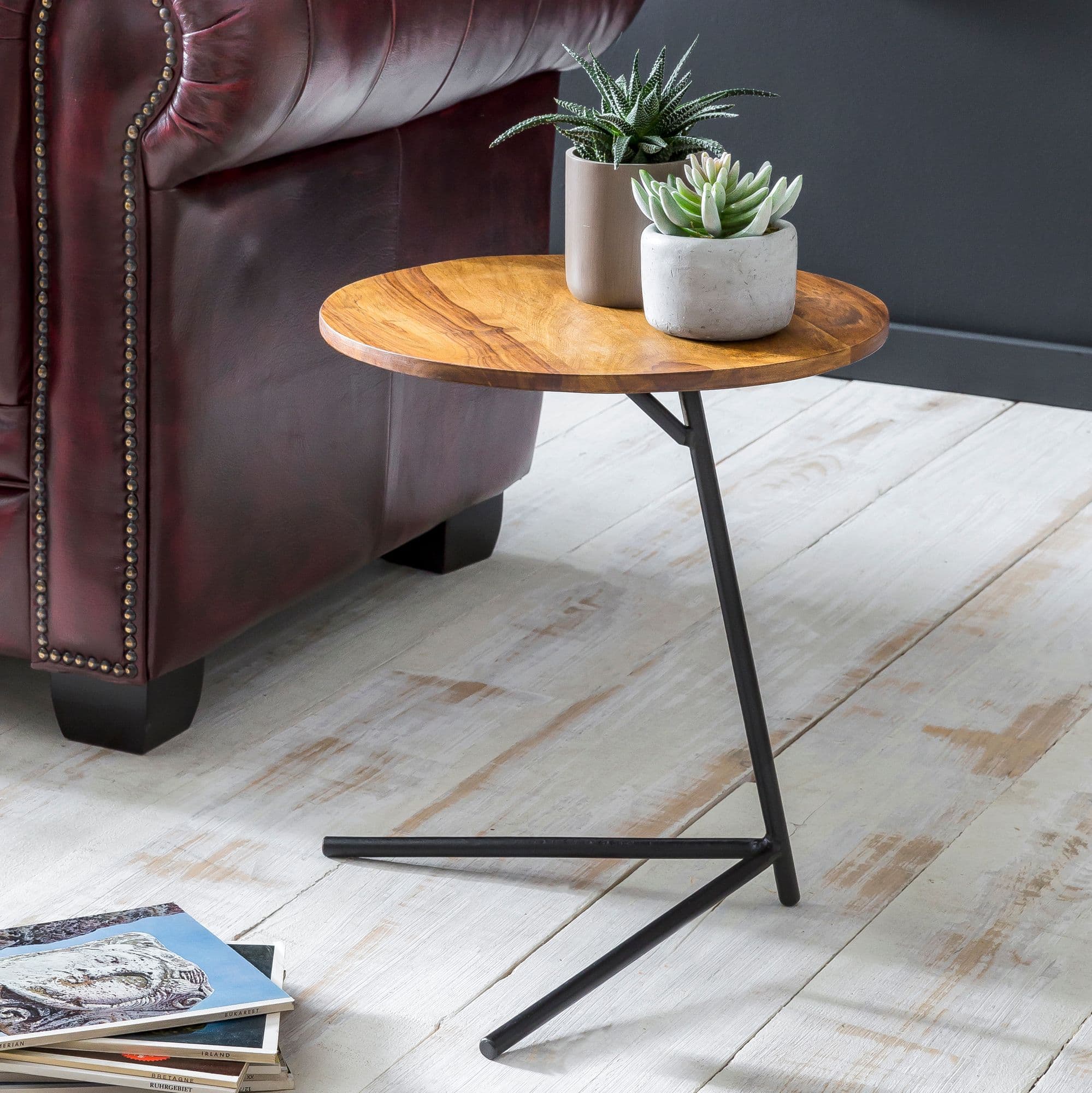 FineBuy Beistelltisch rund 40x46x40 cm Sheesham Metall Couchtisch Industrial Style Echtholz, Holztisch Sofatisch Metallbeine, Anstelltisch Dekotisch