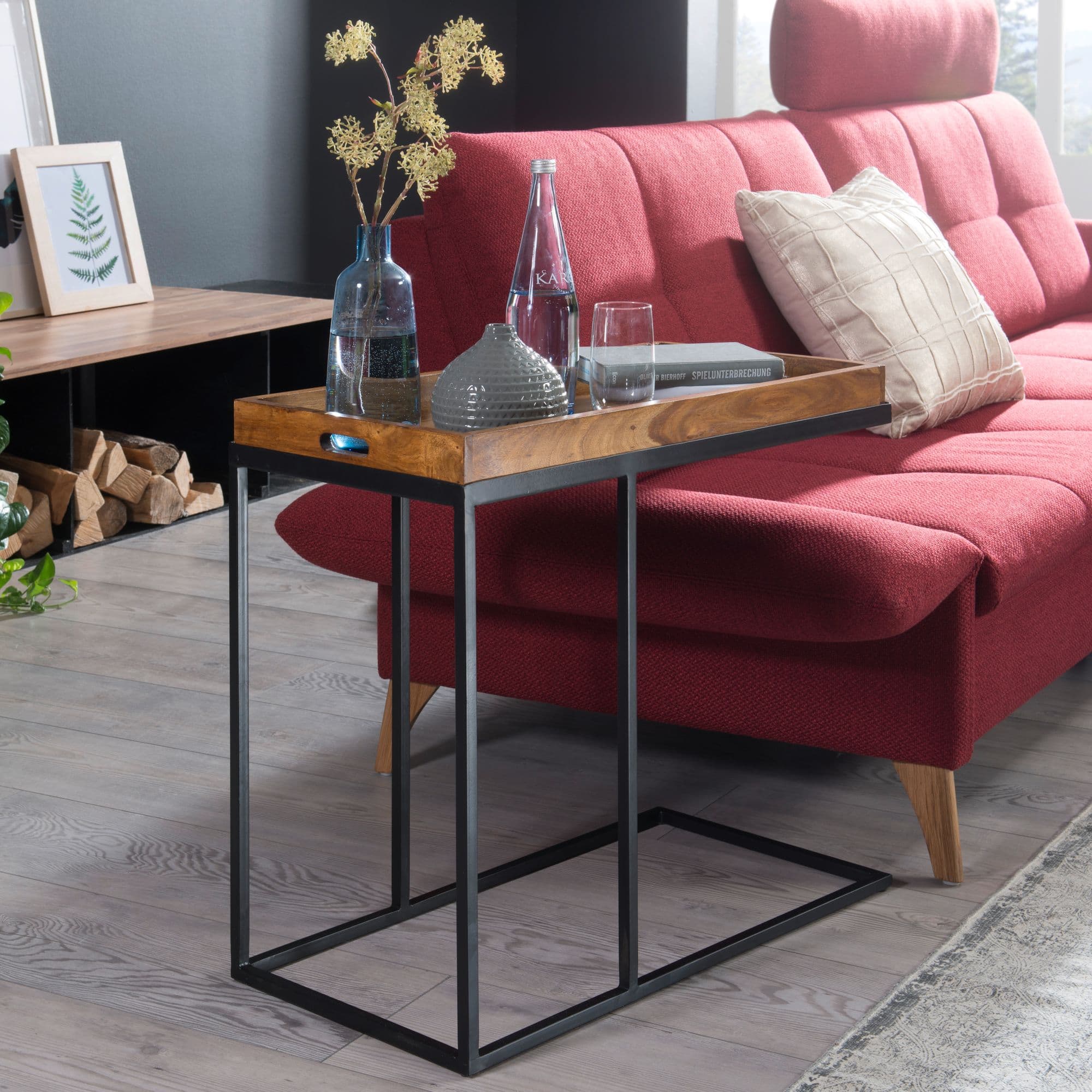 FineBuy Beistelltisch 69 x 65 x 34 cm Sheesham massiv Holz Metallgestell, Design TV-Tray Tabletttisch Wohnzimmer, Kleiner Serviertisch Naturholz, Abstelltisch Holz Metall Tablett