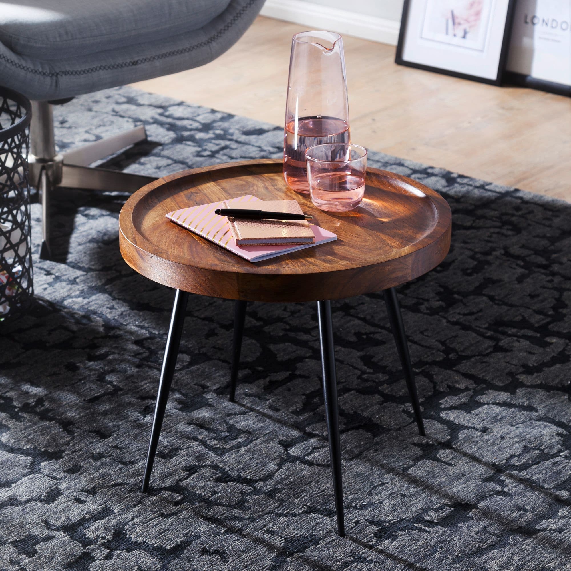 FineBuy Beistelltisch rund 46x40x46 cm Sheesham massiv Holz Metall Couchtisch, Industrial Style Echtholz Holztisch, Sofatisch Metallbeine, Anstelltisch Dekotisch