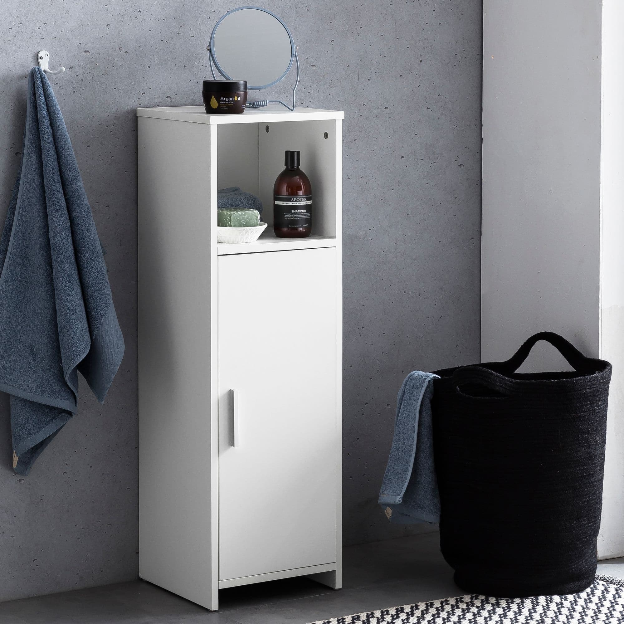 FineBuy Badschrank 30 x 95,5 x 30 cm Weiß Holz mit Tür und Ablagefach, Kleiner Bad-Schrank Beistellschrank Stehend, Badregal Schmal Freistehend Badezimmerkommode, Badmöbel Badezimmermöbel