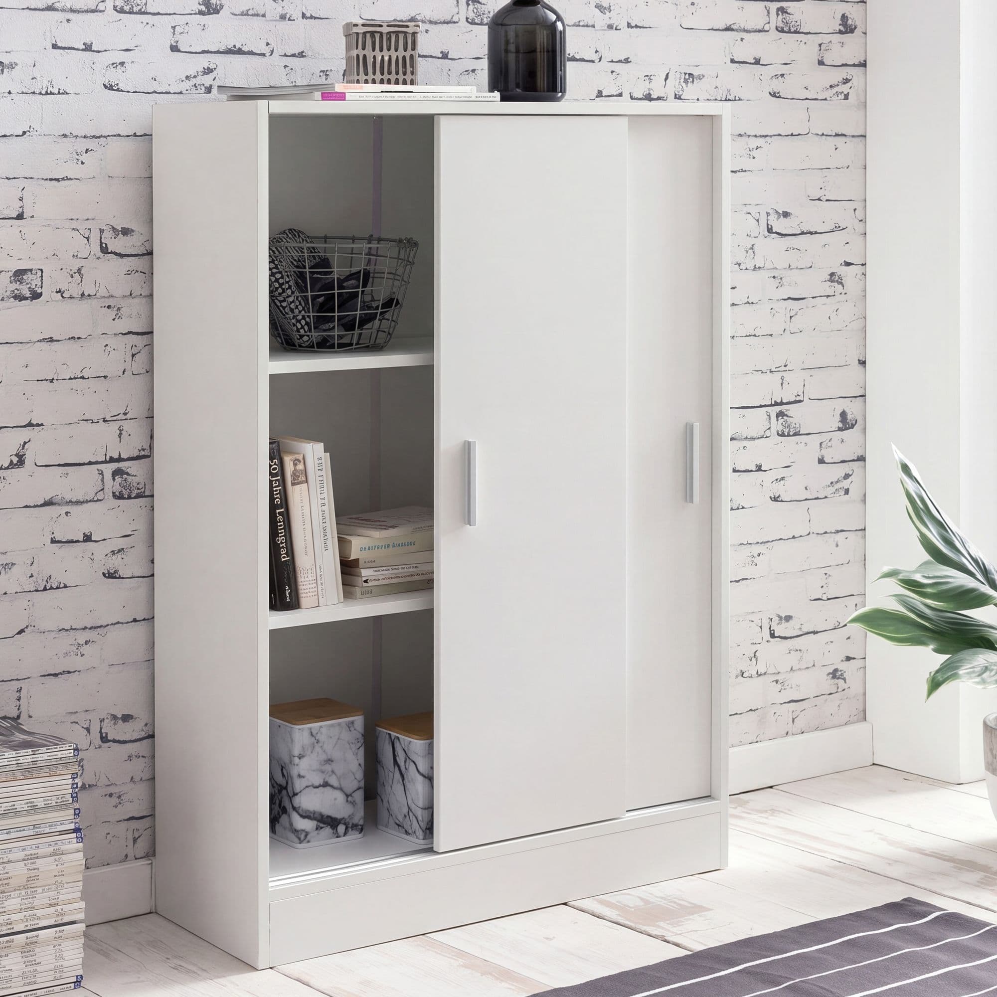 FineBuy Kommode Weiß 60 cm Breit mit 2 Schiebetüren für Büro Akten, Schiebetürenschrank, Aktenschrank, Sideboard, Kleiderschrank