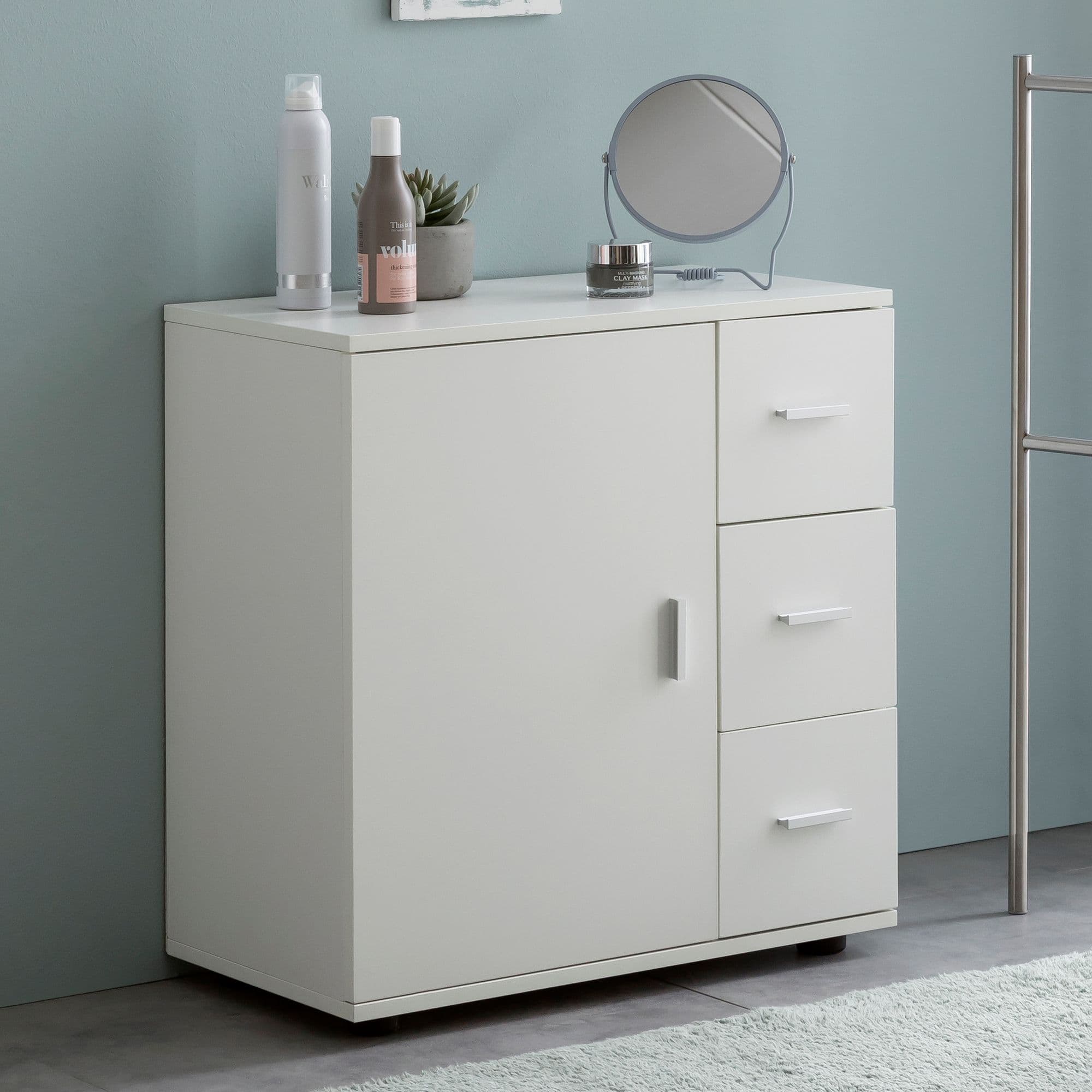 FineBuy Badschrank Weiß 60cm Midi-Schrank mit Tür & Schubladen, Kleiner Beistellschrank Matt, Badregal Schmal Freistehend Badezimmerkommode, Badmöbel Badezimmermöbel