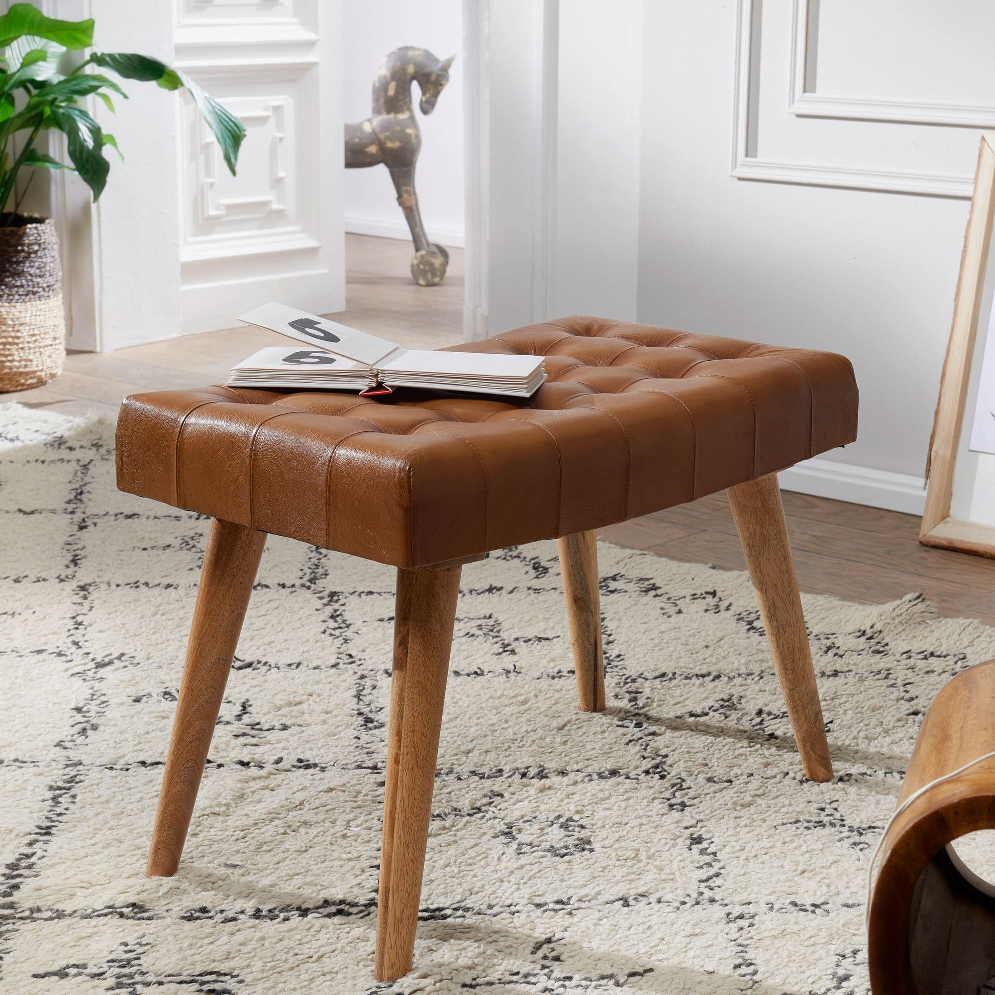 FineBuy Sitzhocker 67x47x39 cm Mango Massivholz / Echtleder Chesterfield-Design, Lederhocker Braun, Beistellhocker Hocker ohne Lehne, Country Fußhocker