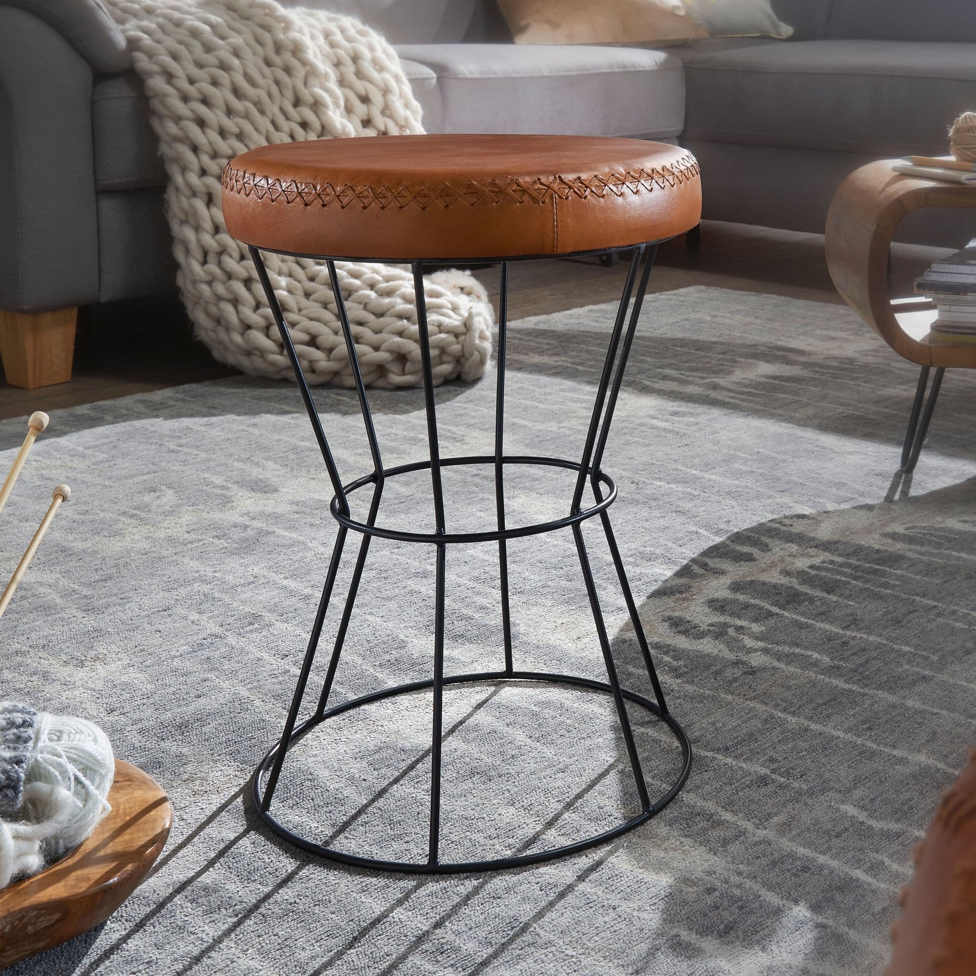 FineBuy Sitzhocker Echtleder / Metall 35 x 48 x 35 cm Design Hocker Rund, Dekohocker mit Leder-Bezug, Moderner Lederhocker Braun Gepolstert