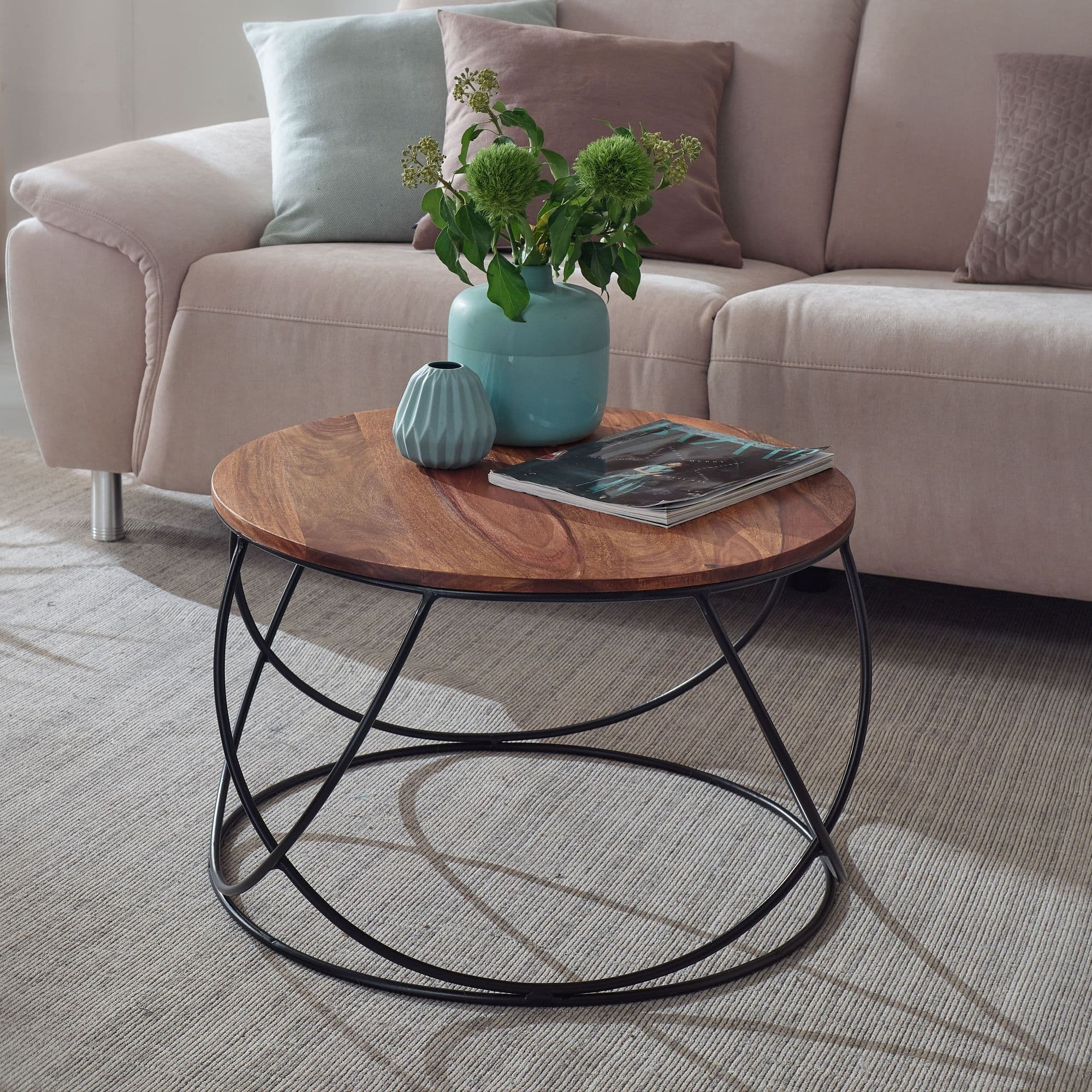 FineBuy Couchtisch Sheesham Massivholz / Metall 60 x 40 x 60 cm, Wohnzimmertisch Rund Massiv Braun, Sofatisch Modern Holztisch, Tisch Wohnzimmer Industrial
