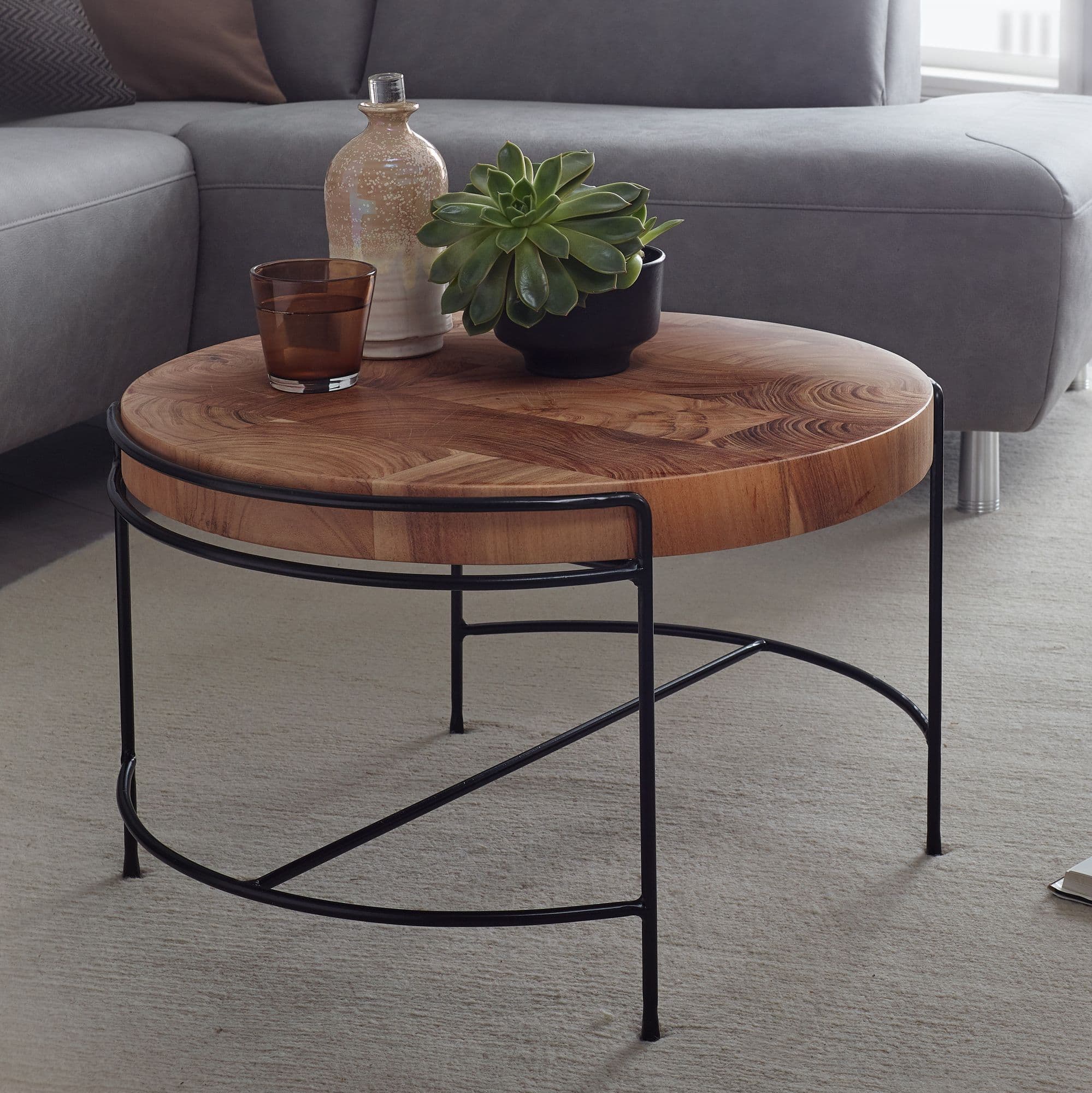 FineBuy Couchtisch Akazie Massivholz rund 62 cm mit Metallgestell · Kleiner Wohnzimmertisch im Baumscheiben Design · Handgefertigt · Industrial & Natur Look
