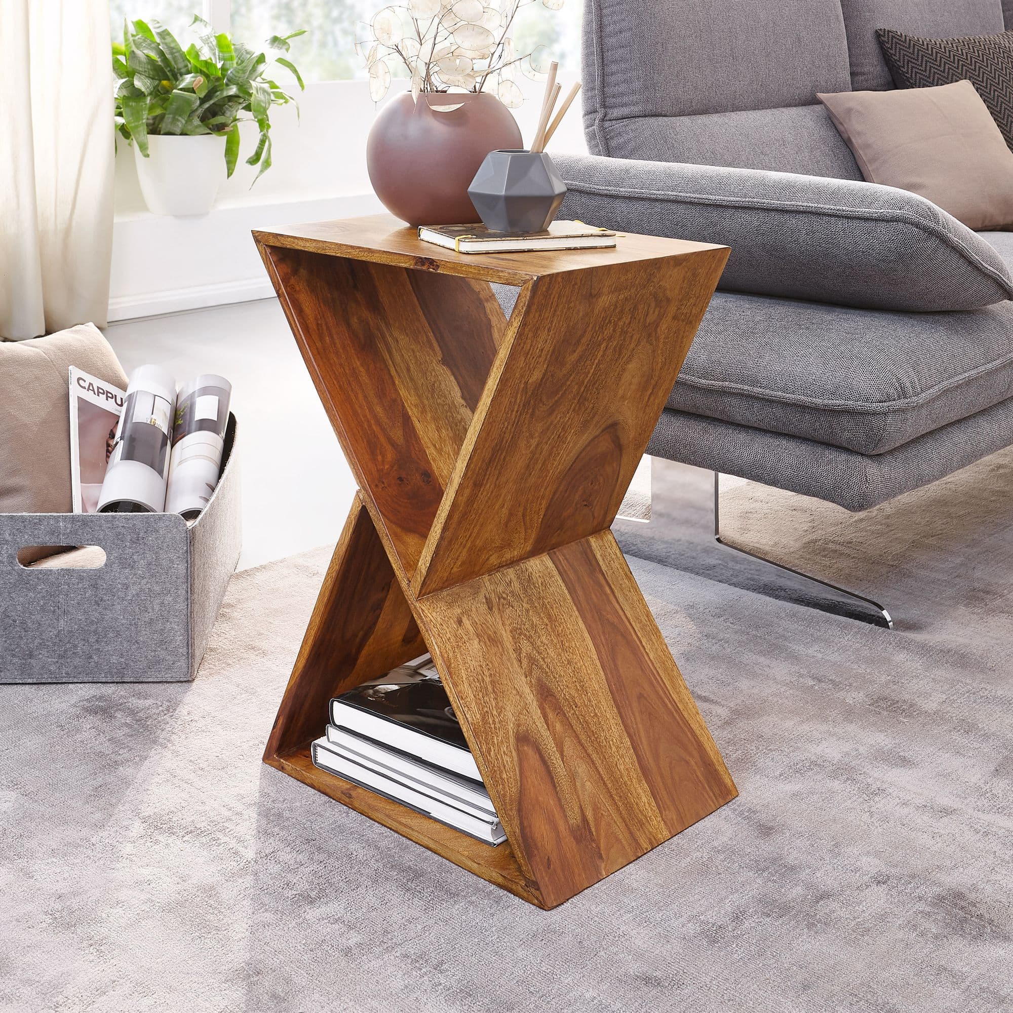 FineBuy Beistelltisch X-Form 43x60x30 cm Sheesham Massivholz Anstelltisch, Tisch Wohnzimmer Massiv, Kleiner Wohnzimmertisch Echtholz, Sofatisch mit Ablagen