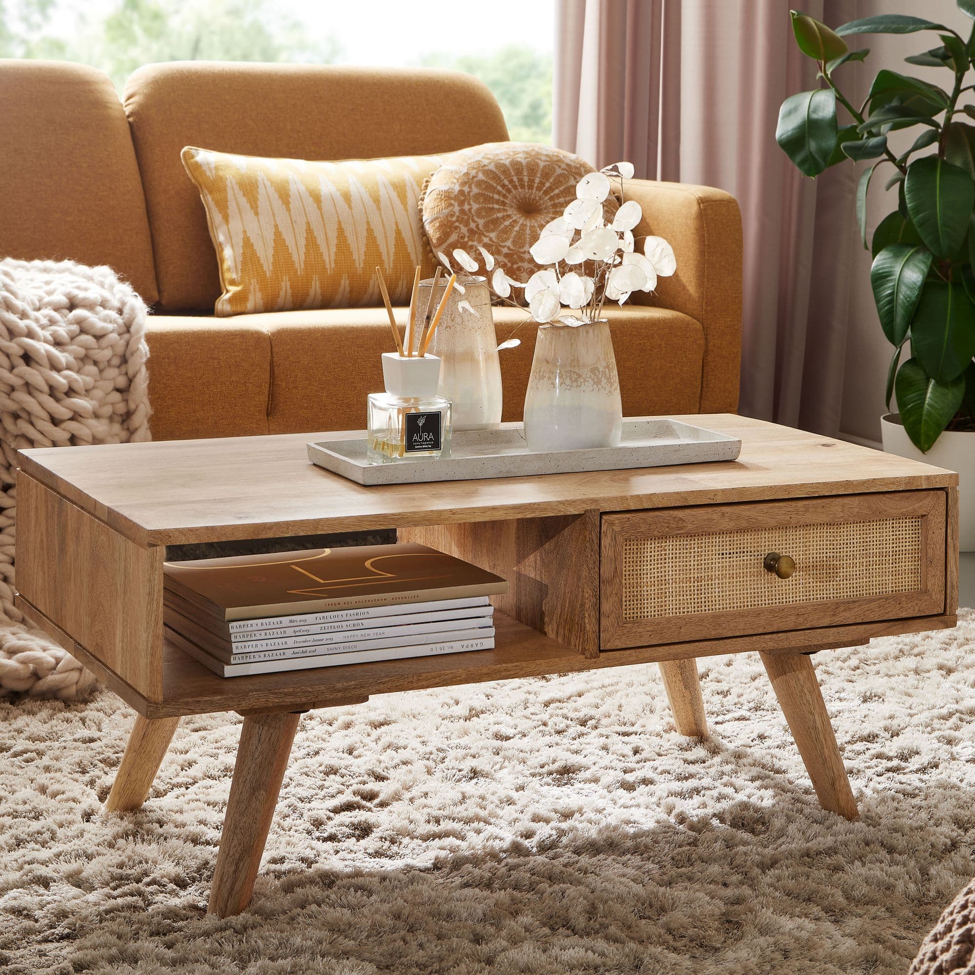 FineBuy Couchtisch 90x40x45 cm Mango Massivholz / Rattan Wohnzimmertisch Rechteckig, Holztisch mit Stauraum, Sofatisch mit Schublade, Tisch Wohnzimmer Massiv Rohrgeflecht