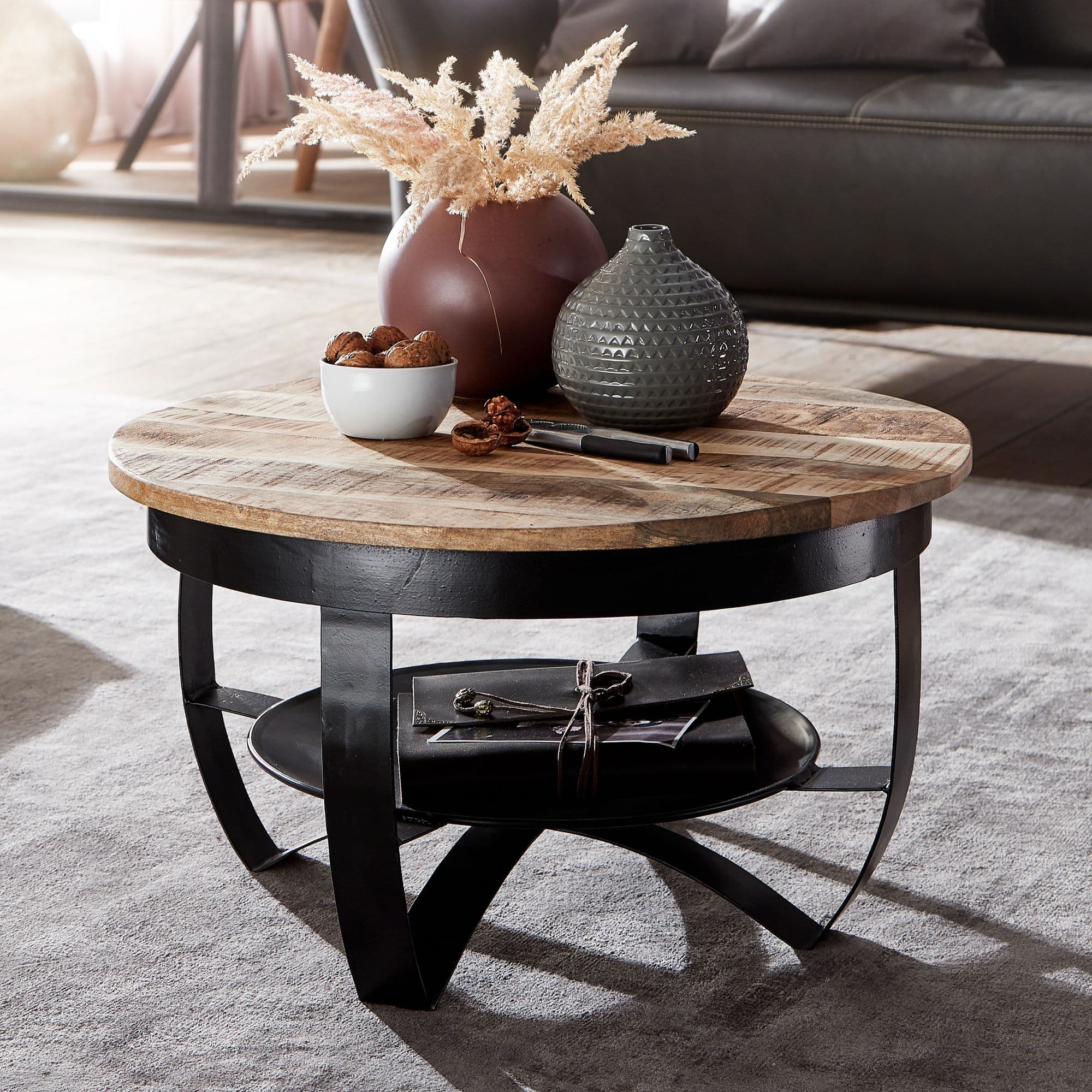 FineBuy Couchtisch 60x34x60 cm Mango Massivholz / Metall Industrial Schwarz Rund, Sofatisch Wohnzimmertisch Massiv, Kleiner Tisch Salontisch Wohnzimmer