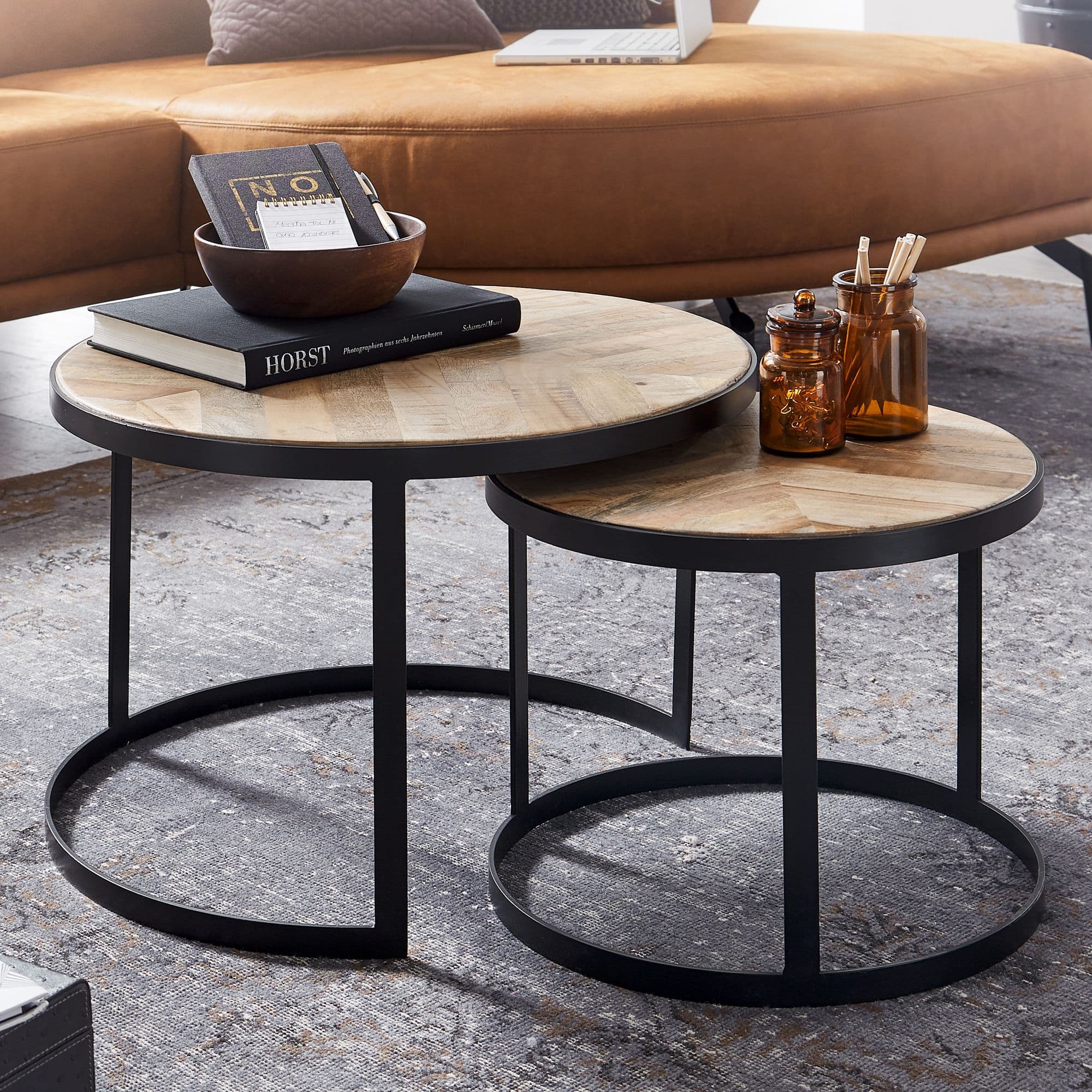 FineBuy Couchtisch 2er Set Massivholz / Metall Wohnzimmertisch Industrial Rund, Beistelltisch mit Metallbeine Schwarz, Tischset 2-teilig Satztisch Holz