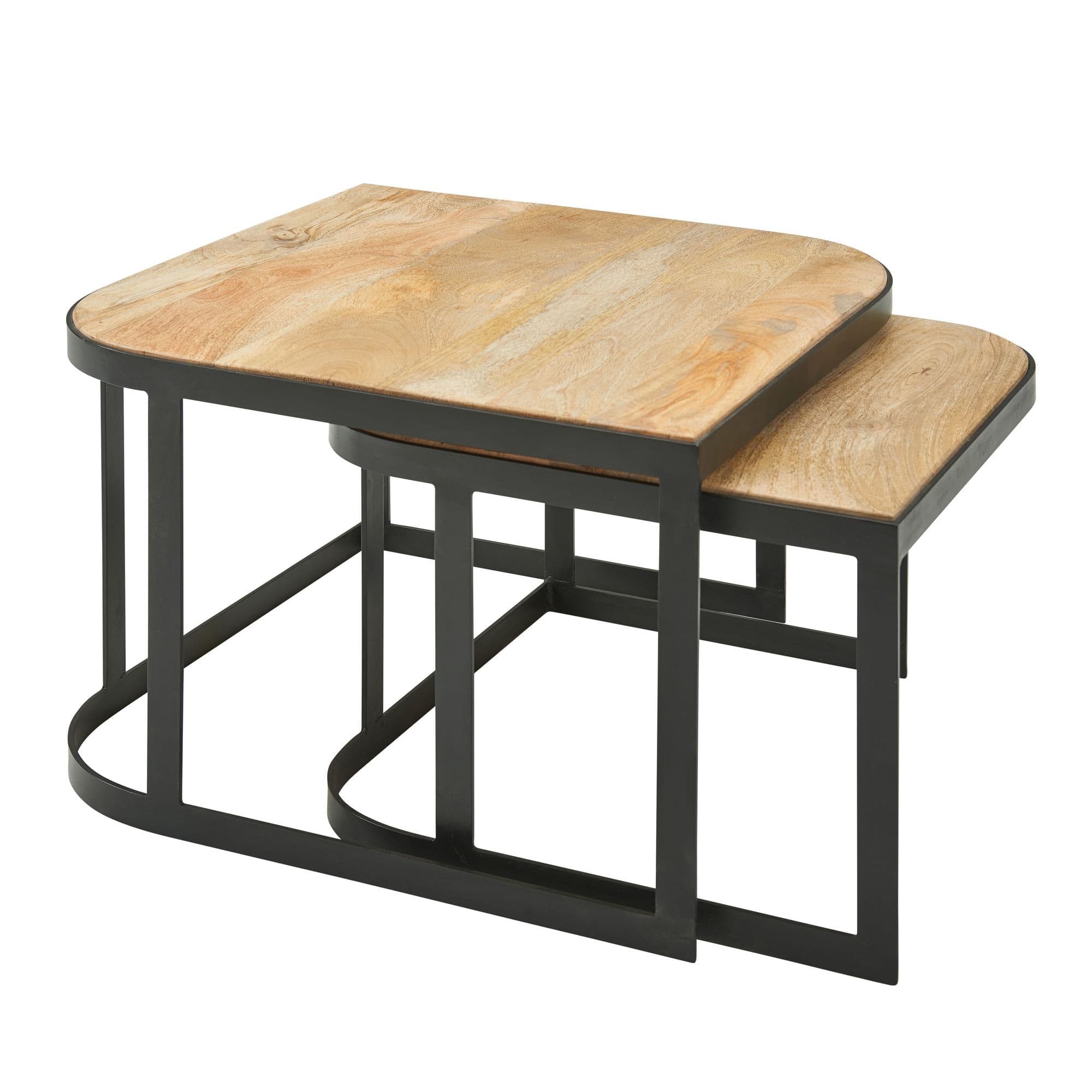 FineBuy Couchtisch 2er Set Mango Massivholz / Metall Wohnzimmertisch Braun, Industrial Satztisch Beistelltisch Metallbeine Schwarz, Tischset 2-teilig Satztisch Holz