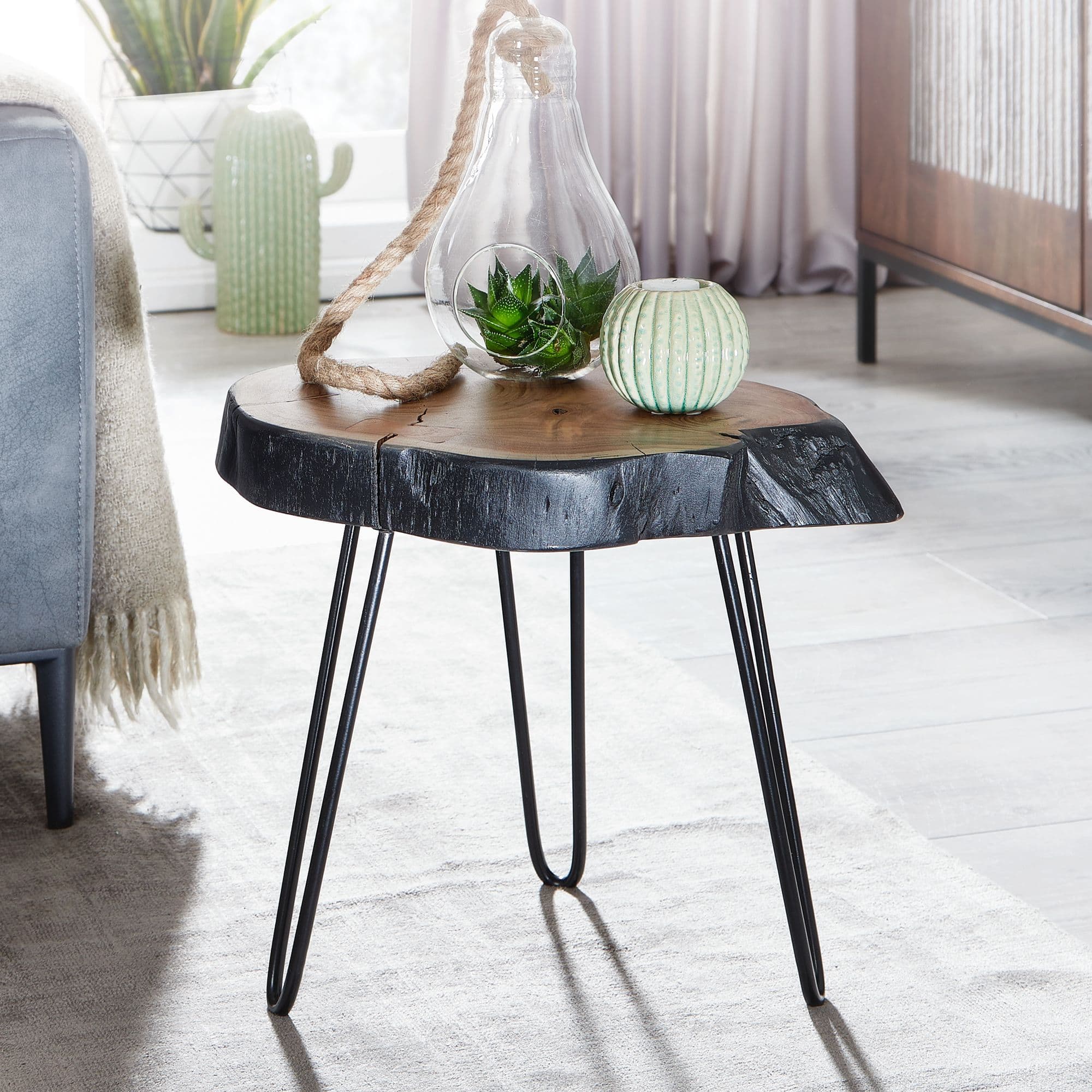 FineBuy Beistelltisch Akazie Massivholz / Metall Industrial 40x40x32cm Baumkante, Wohnzimmertisch Sofatisch Massiv Haarnadelbeine, Kleiner Anstelltisch Tisch Wohnzimmer