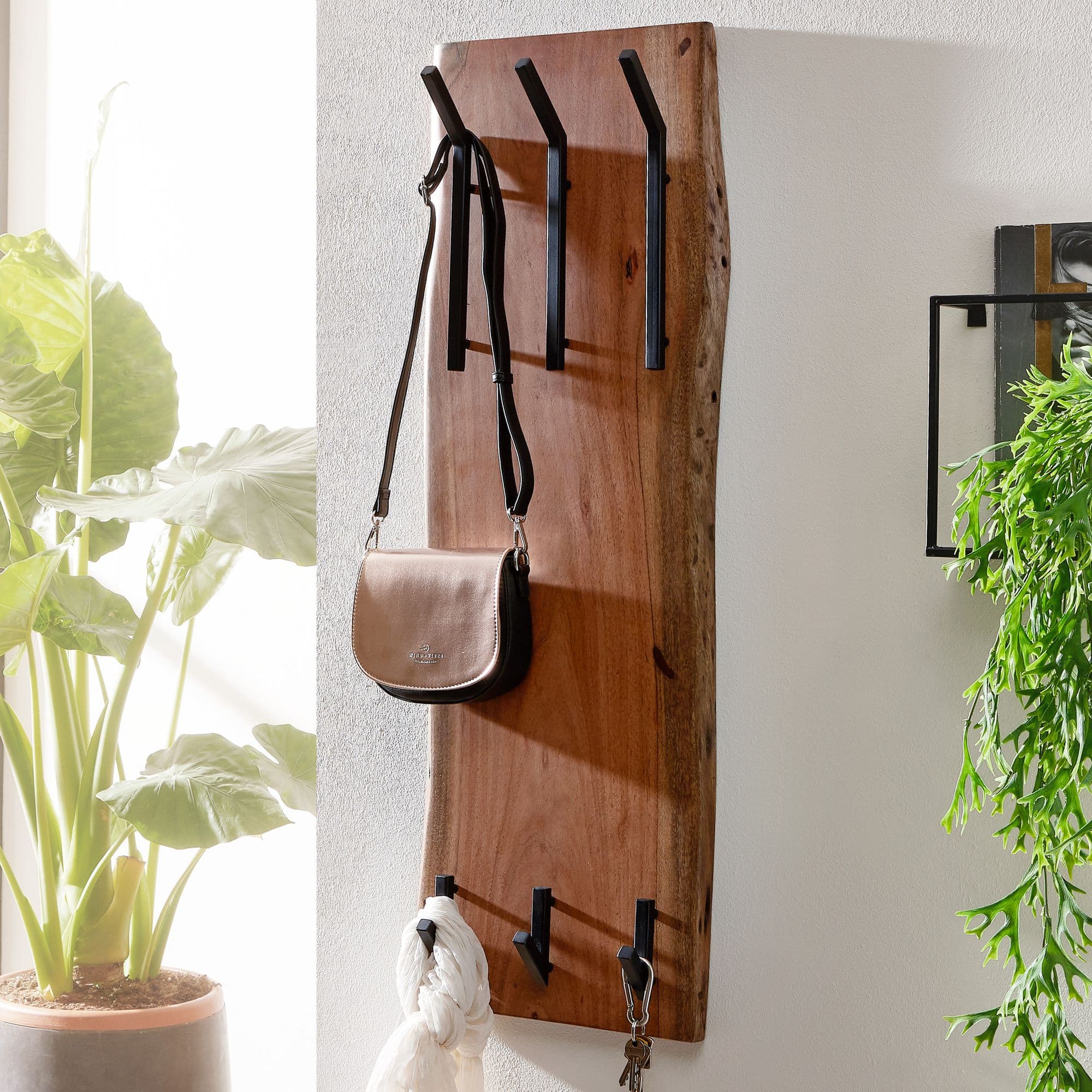 FineBuy Wandgarderobe Akazie Massivholz 36 x 100 cm Baumkante - Garderobenpaneel massiv Holz - Wand Garderobenleiste Hakenleiste - 6 Kleiderhaken