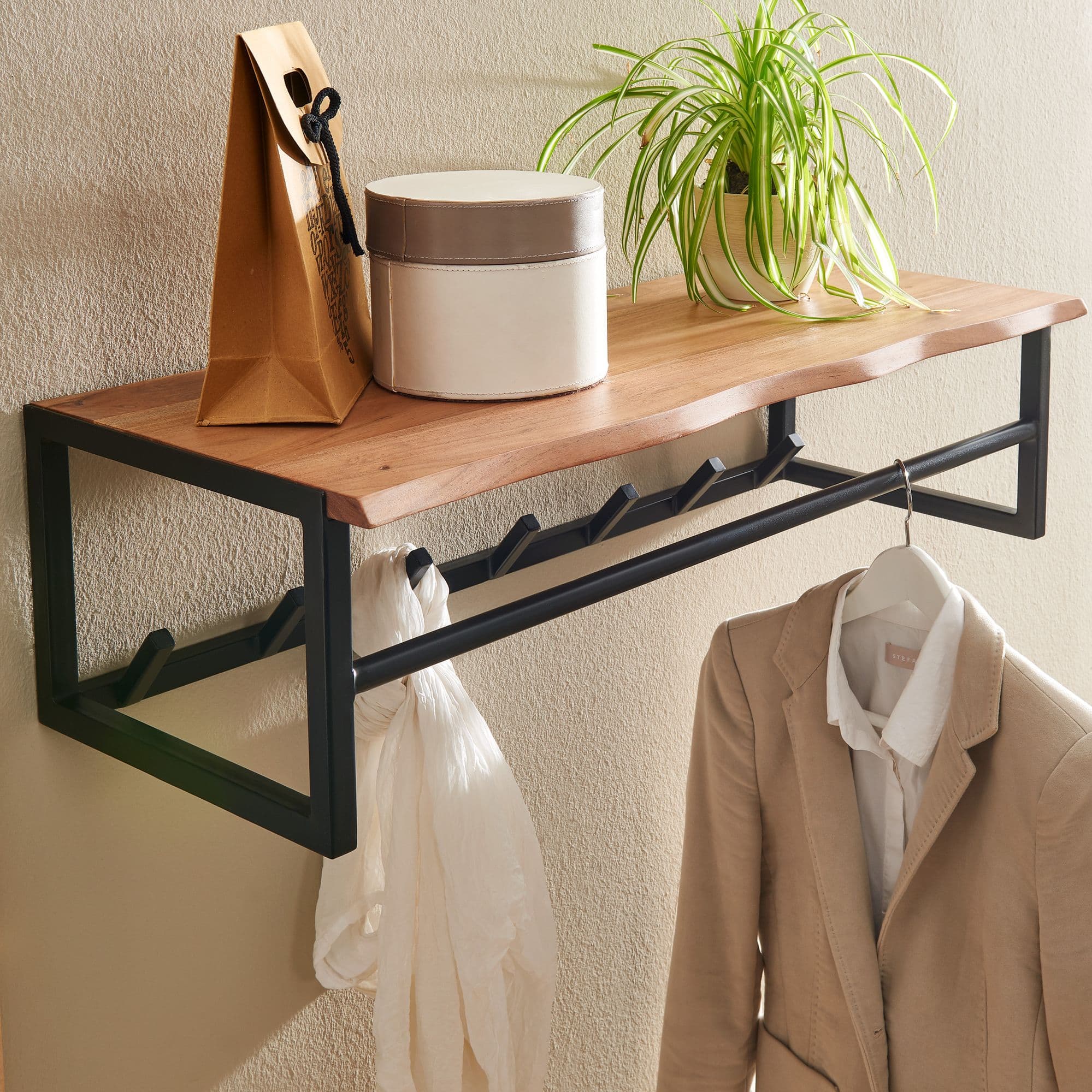 FineBuy Wandgarderobe Akazie Massivholz 80 cm mit Ablage - Industrial Garderobenpaneel mit Hutablage - Wand Garderobenleiste Hakenleiste - 7 Metall Kleiderhaken & Kleiderstange