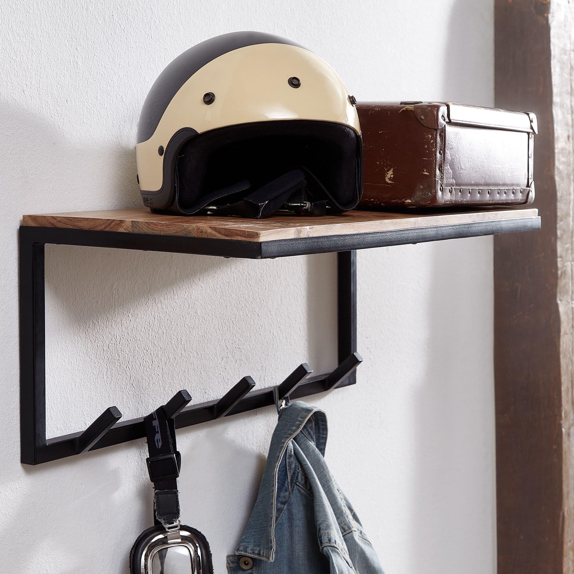 FineBuy Wandgarderobe Akazie Massivholz 70 cm mit Ablage - Garderobenpaneel mit Hutablage - Wand Garderobenleiste Hakenleiste - 5 Kleiderhaken Metall