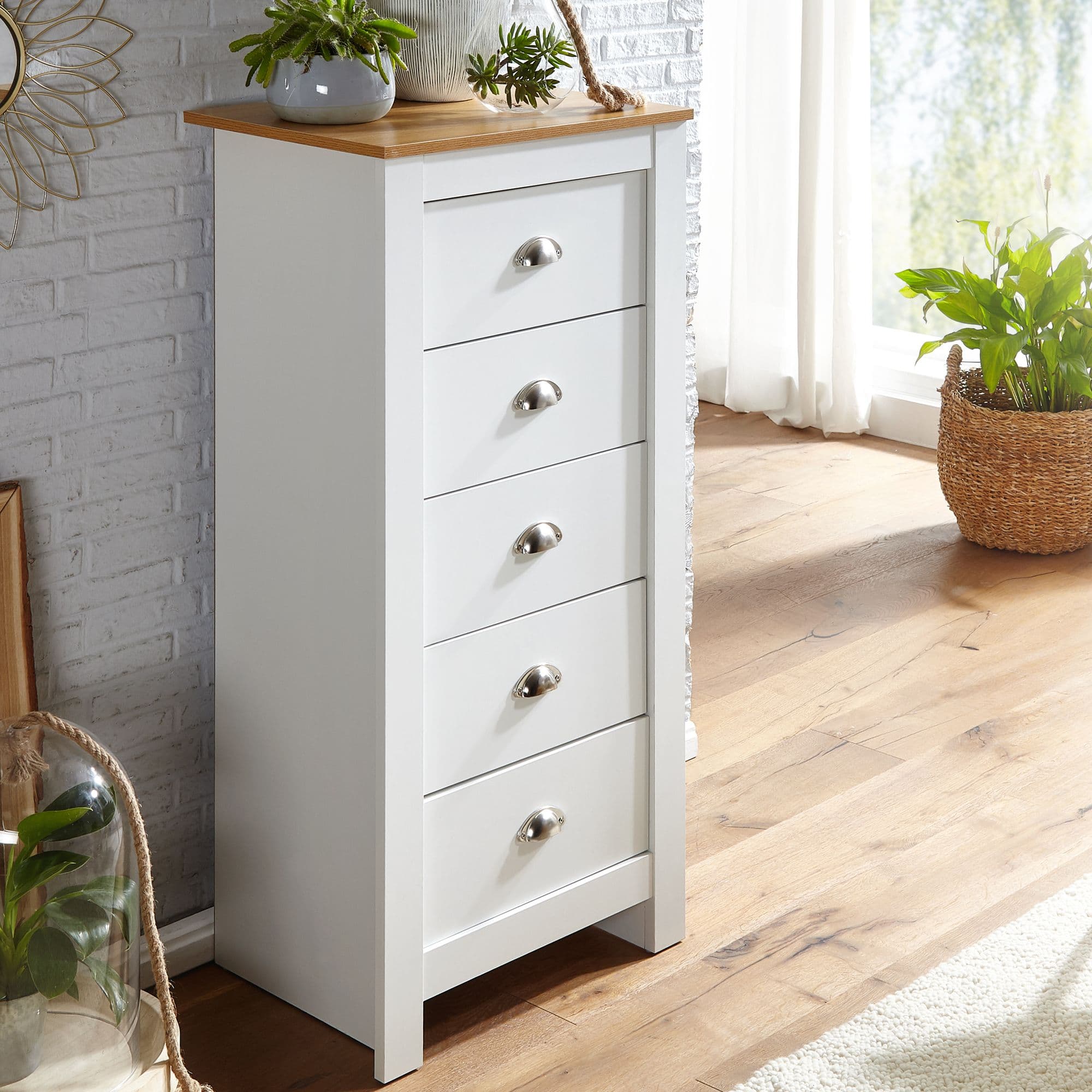 FineBuy Sideboard mit 5 Schubladen 53x114x39 cm Kommode Weiß / Eiche Modern, Design Anrichte Hoch Schmal, Schubladenkommode Wohnzimmer