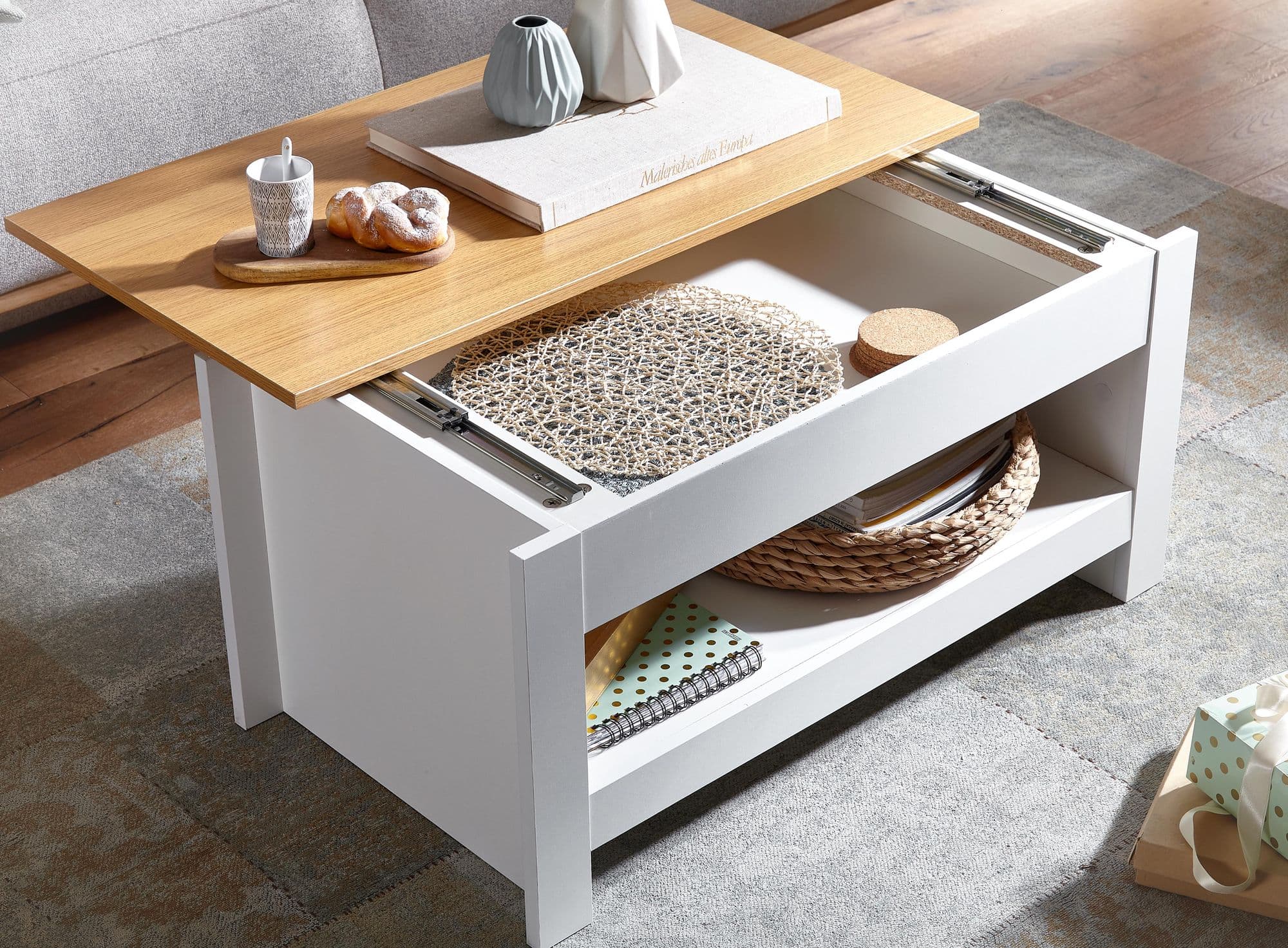 FineBuy Couchtisch Weiß / Eiche 85x47x45 cm Wohnzimmertisch mit Stauraum, Design Sofatisch mit Ablagefach Modern, Kaffeetisch Loungetisch Eckig